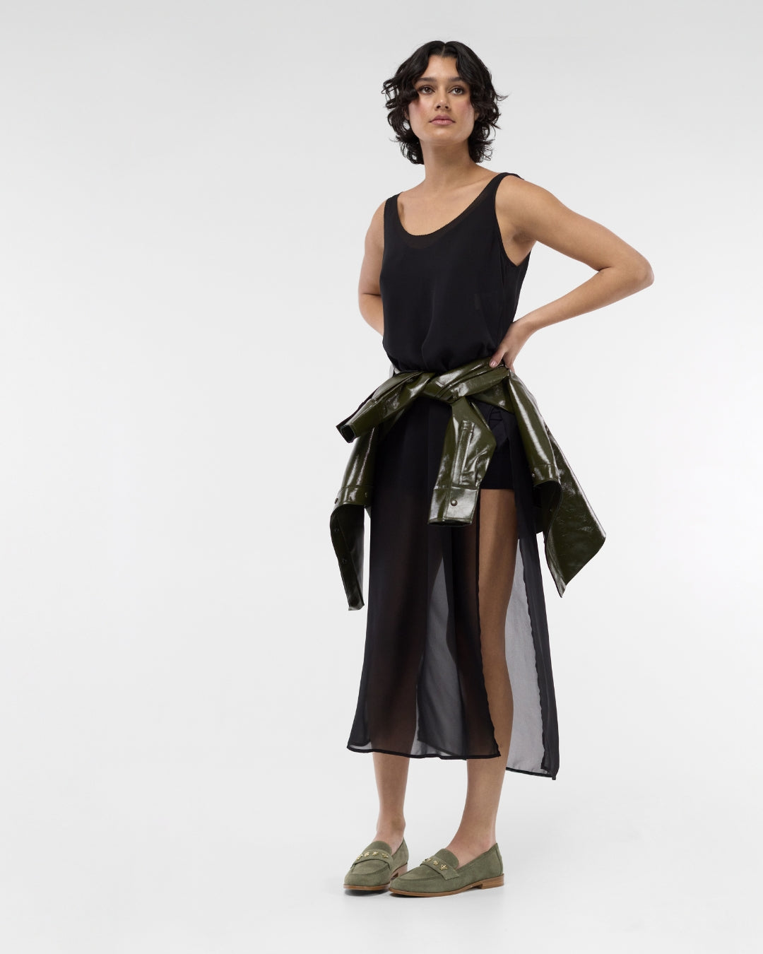 Women wearing Hugo Loafers by Nicole Rebstock in sage suede. 2.5cm heel.