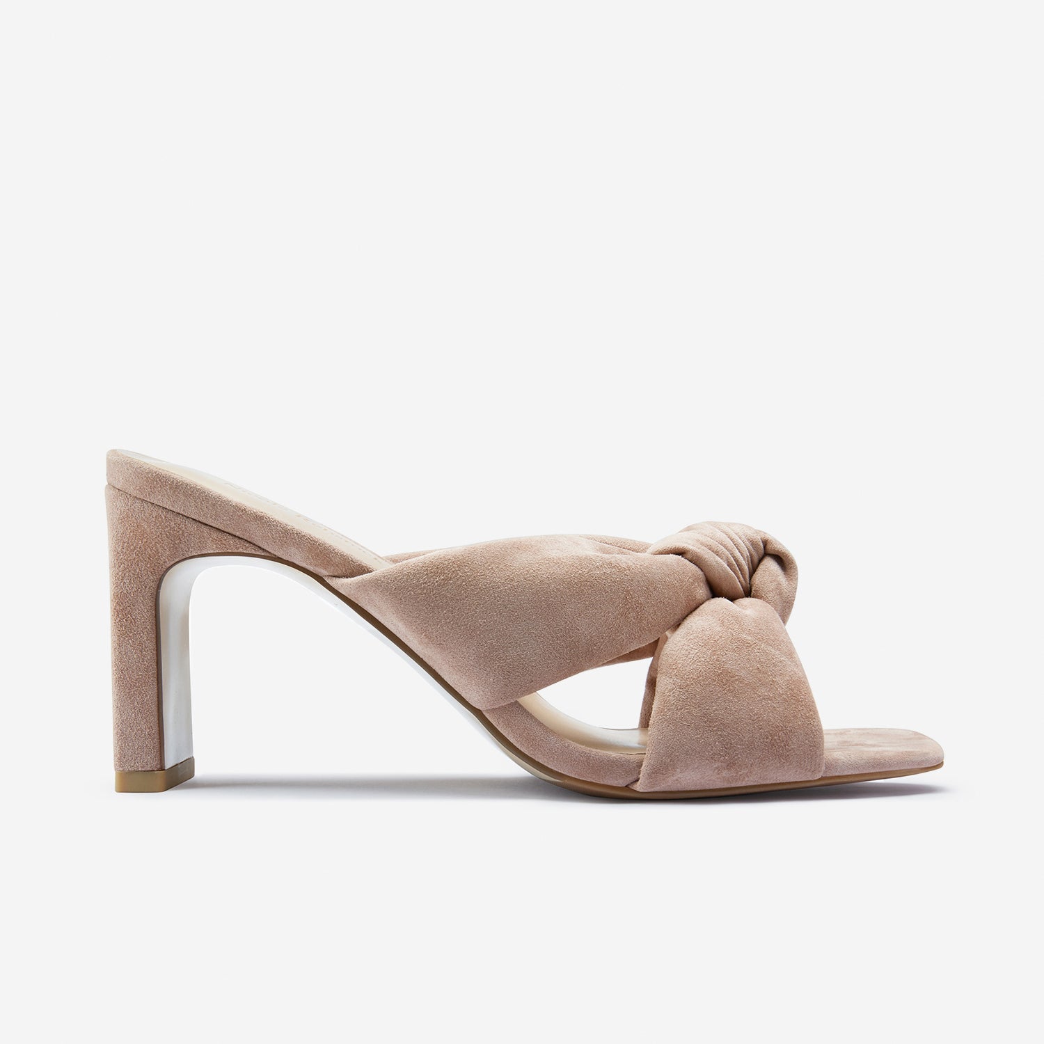 Velma dirty blush suede sandal with 75mm heel shown from the side.
