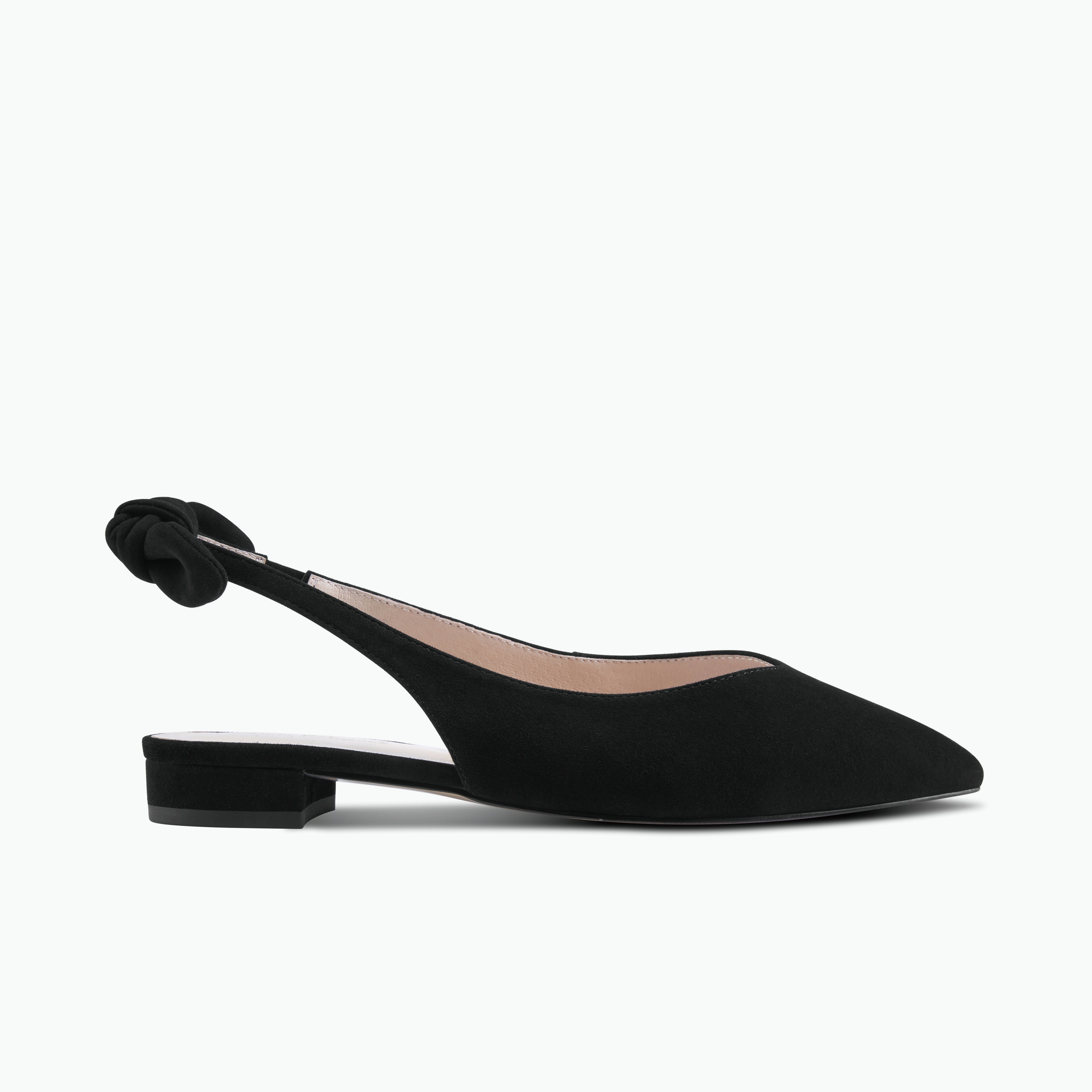 Side profile of Vienna black suede slingback with bow on strap.