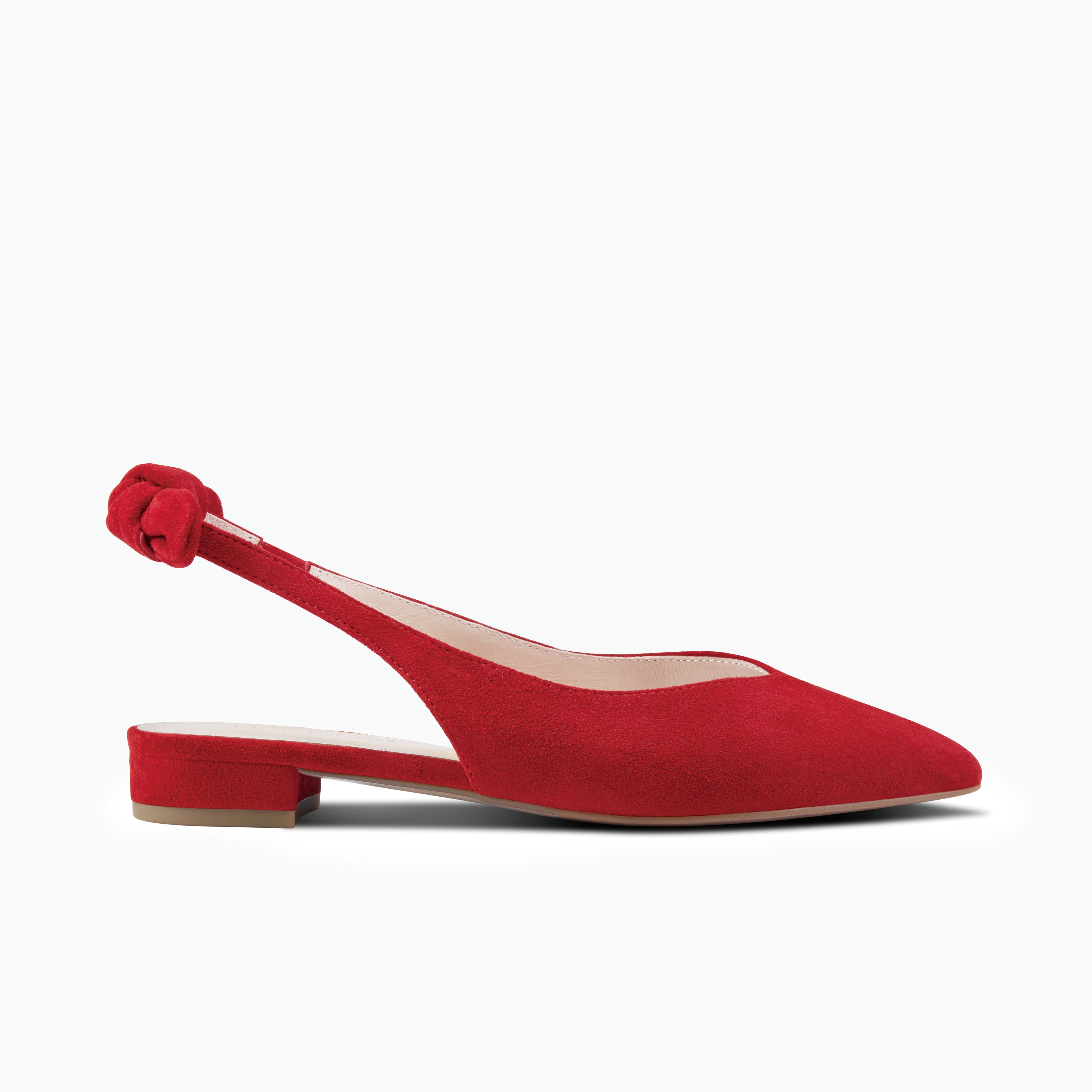 side profile of Vienna red suede slingback with bow on strap.