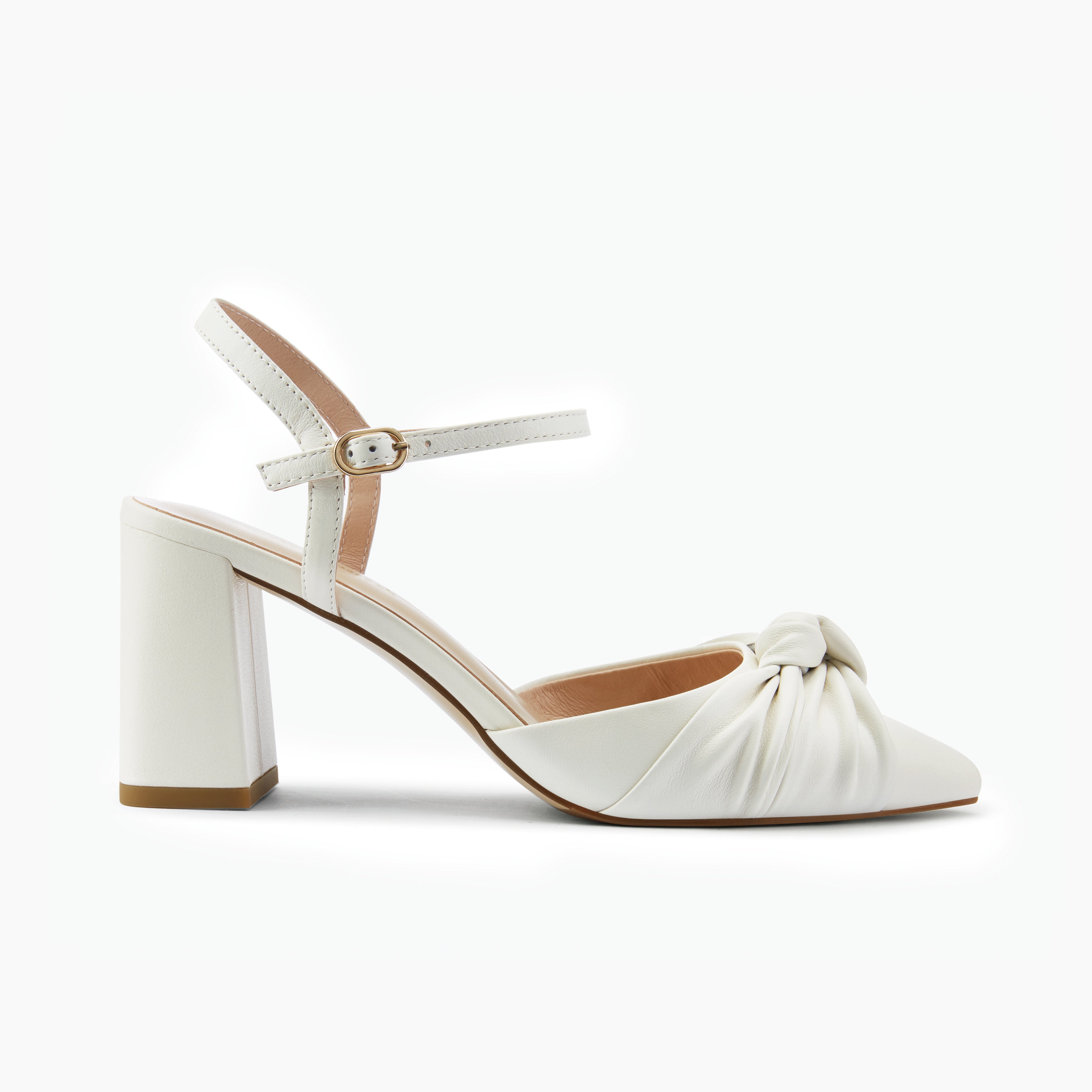 White pointed heels with a knot detail on a white background