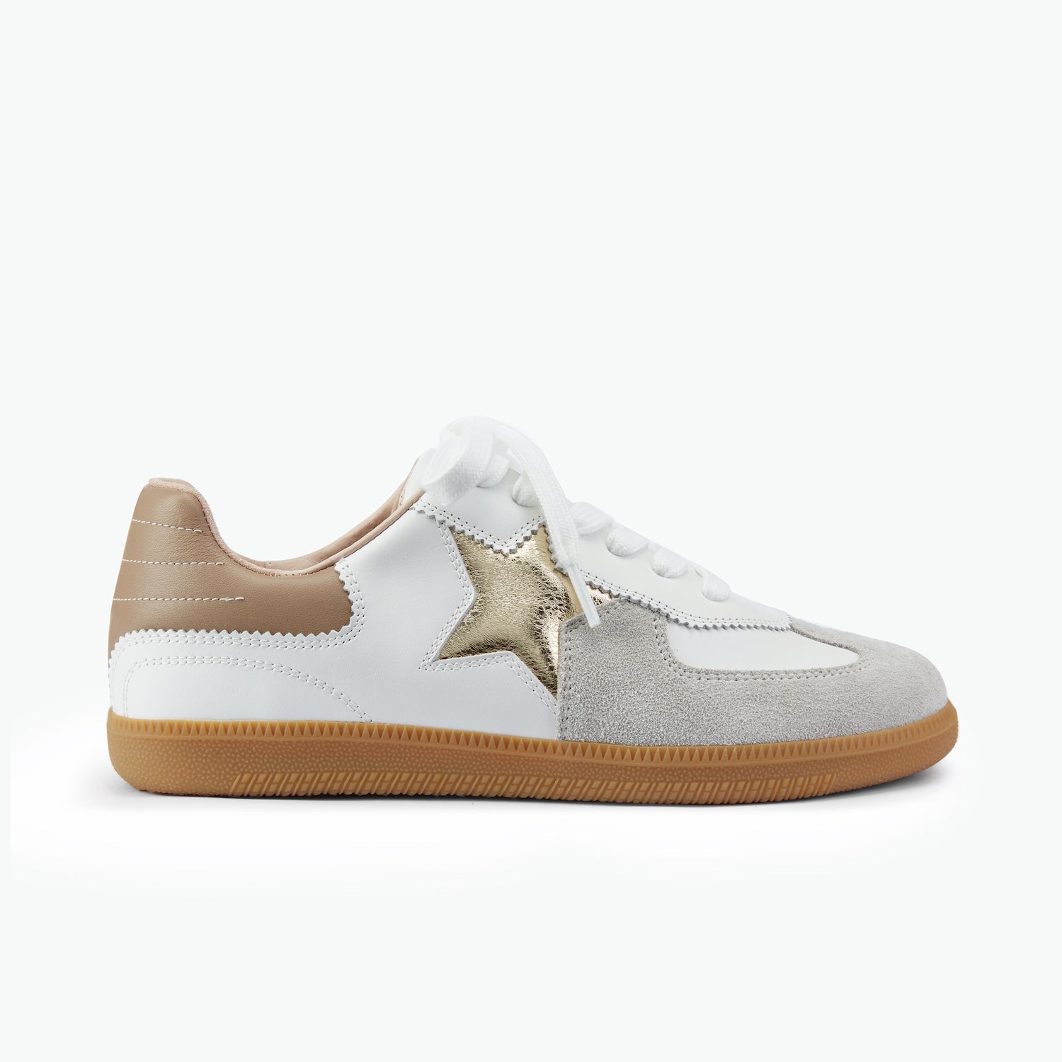 Brown sole sneaker with gold star and nude counter on white background