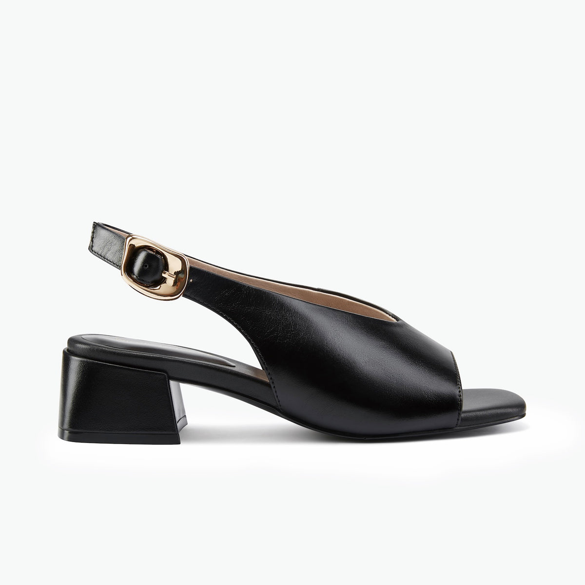 A single black leather slingback sandal with a block heel and a gold-tone buckle, shown in profile against a clean white background.