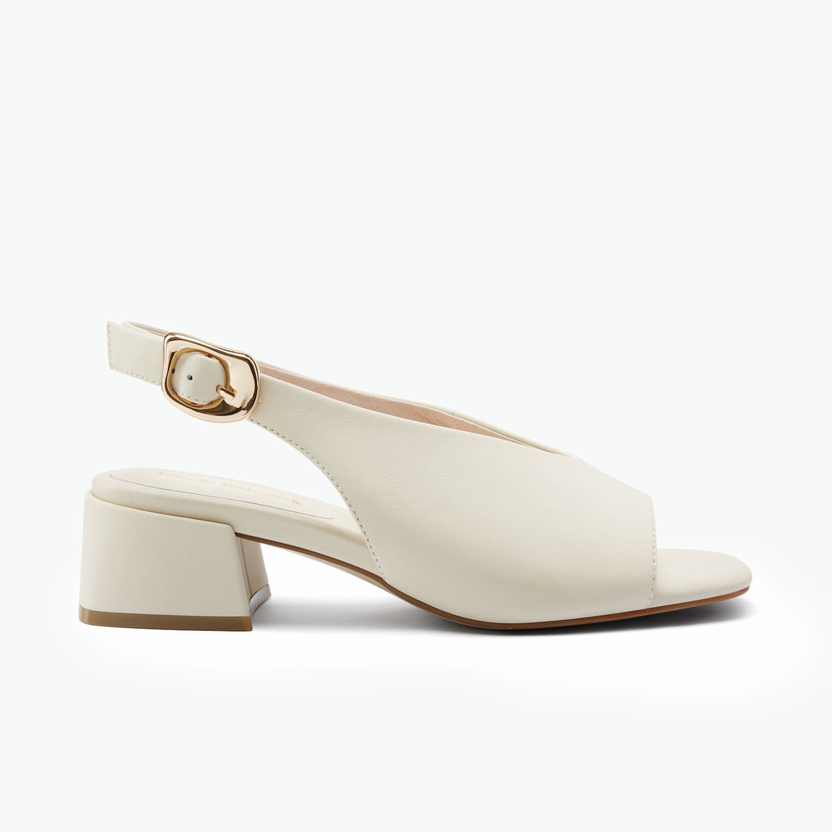 An off-white leather slingback sandal with a low block heel and a gold-tone buckle, shown in a side profile on a clean white background.