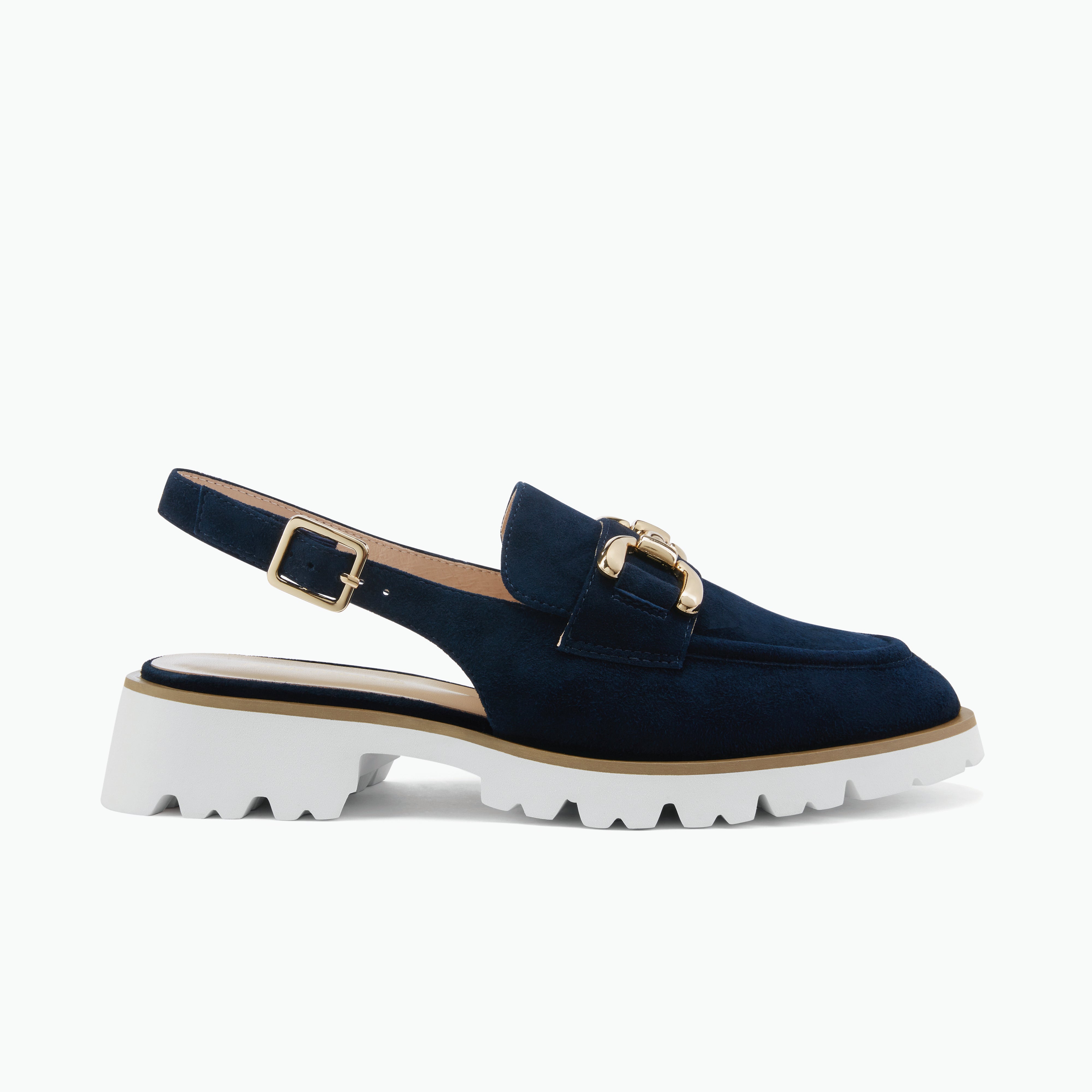 Navy blue flat slingback with a gold buckle on a white background