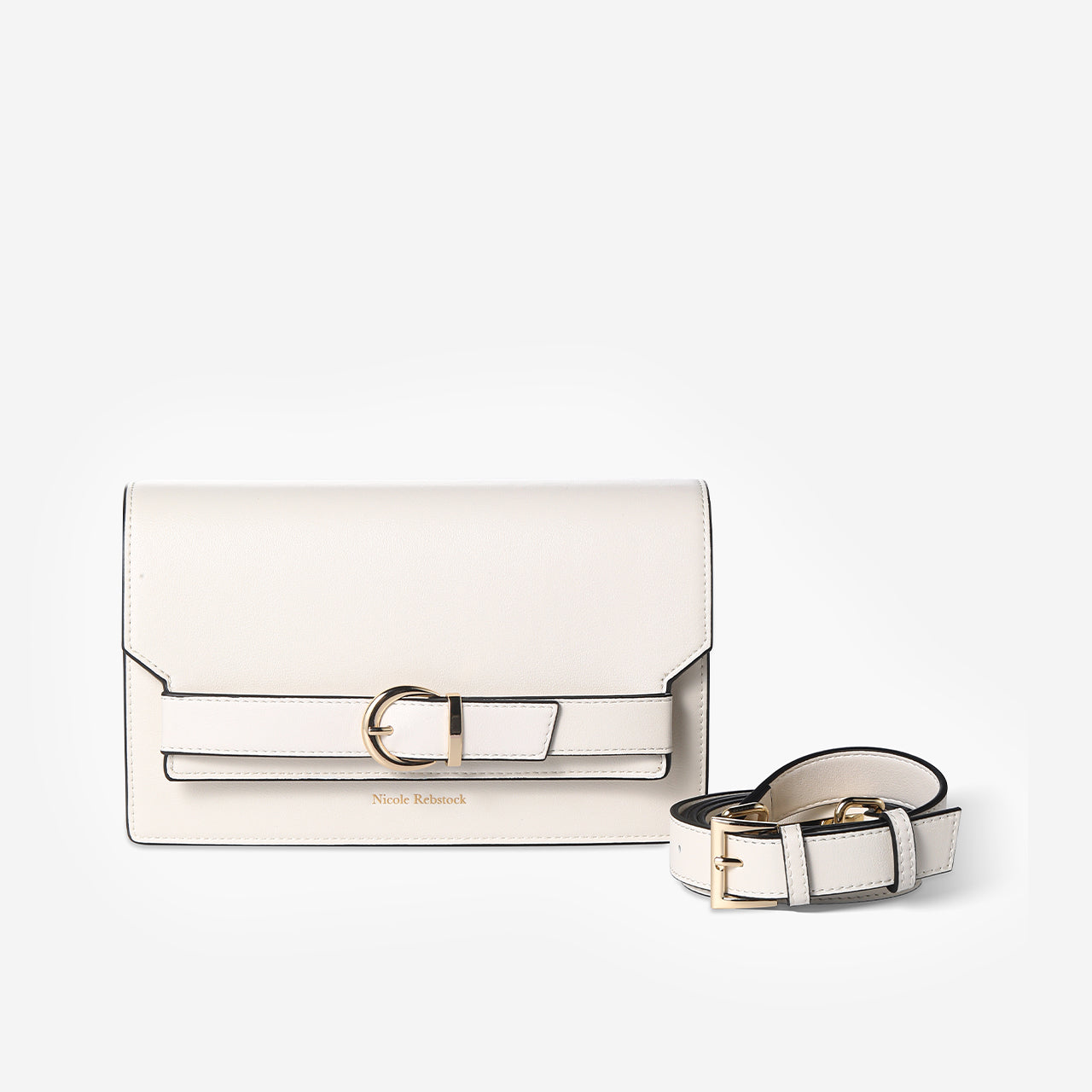 Capri cream white clutch crossbody handbag with leather strap and gold buckle