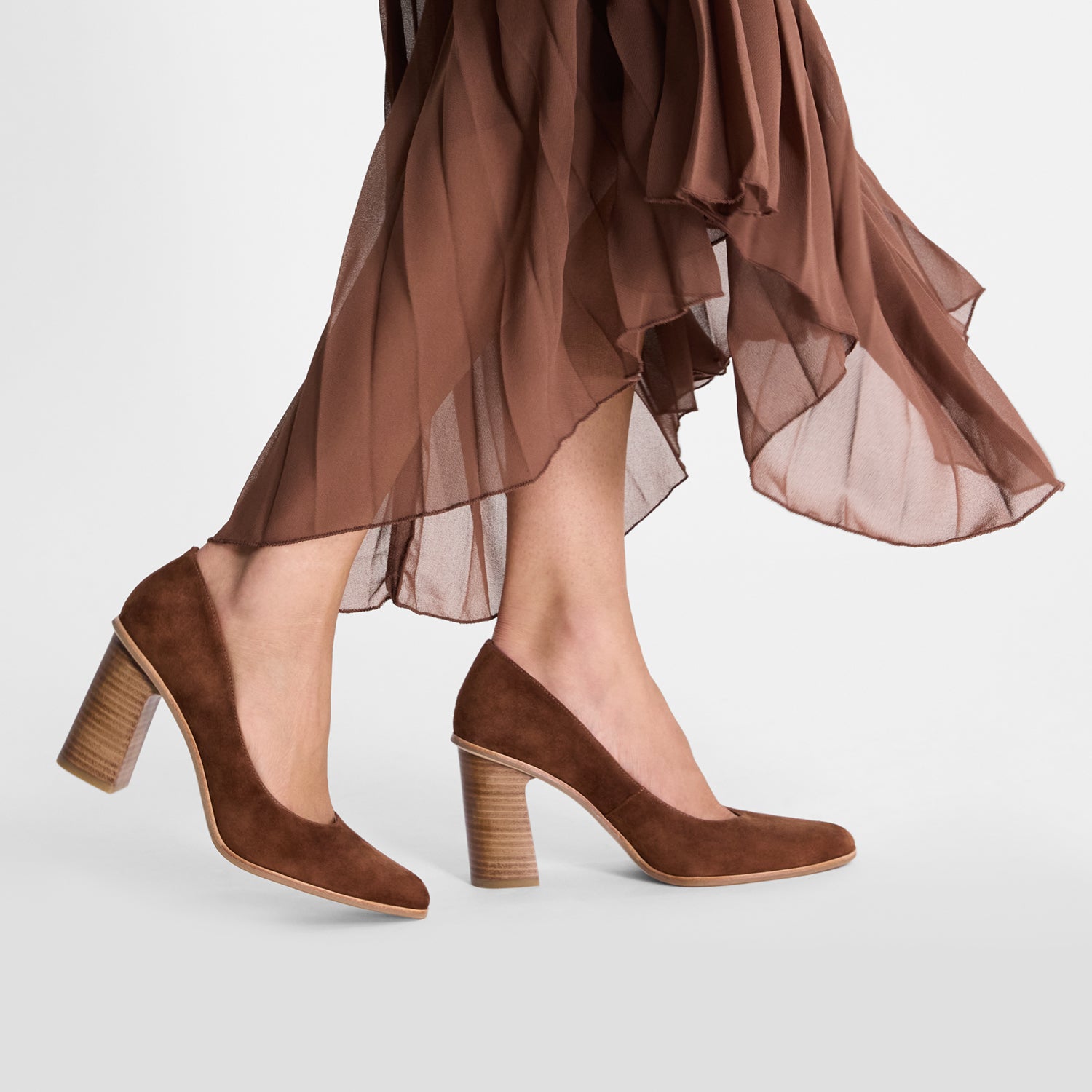 Brown suede heels with a  8.5cm block heel