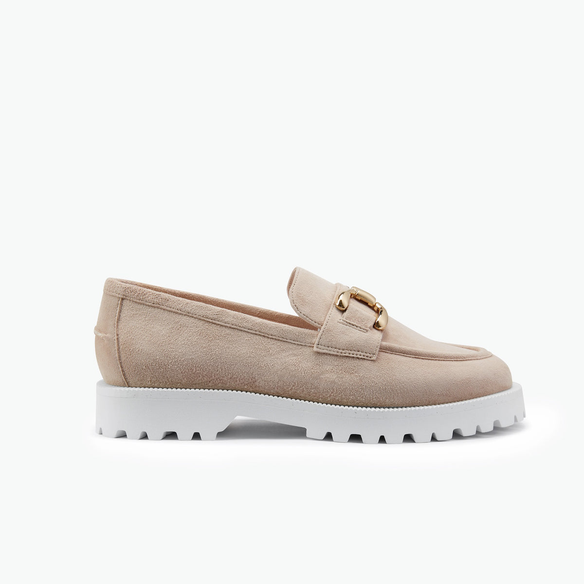 Nude suede loafer with white chunky outsole.