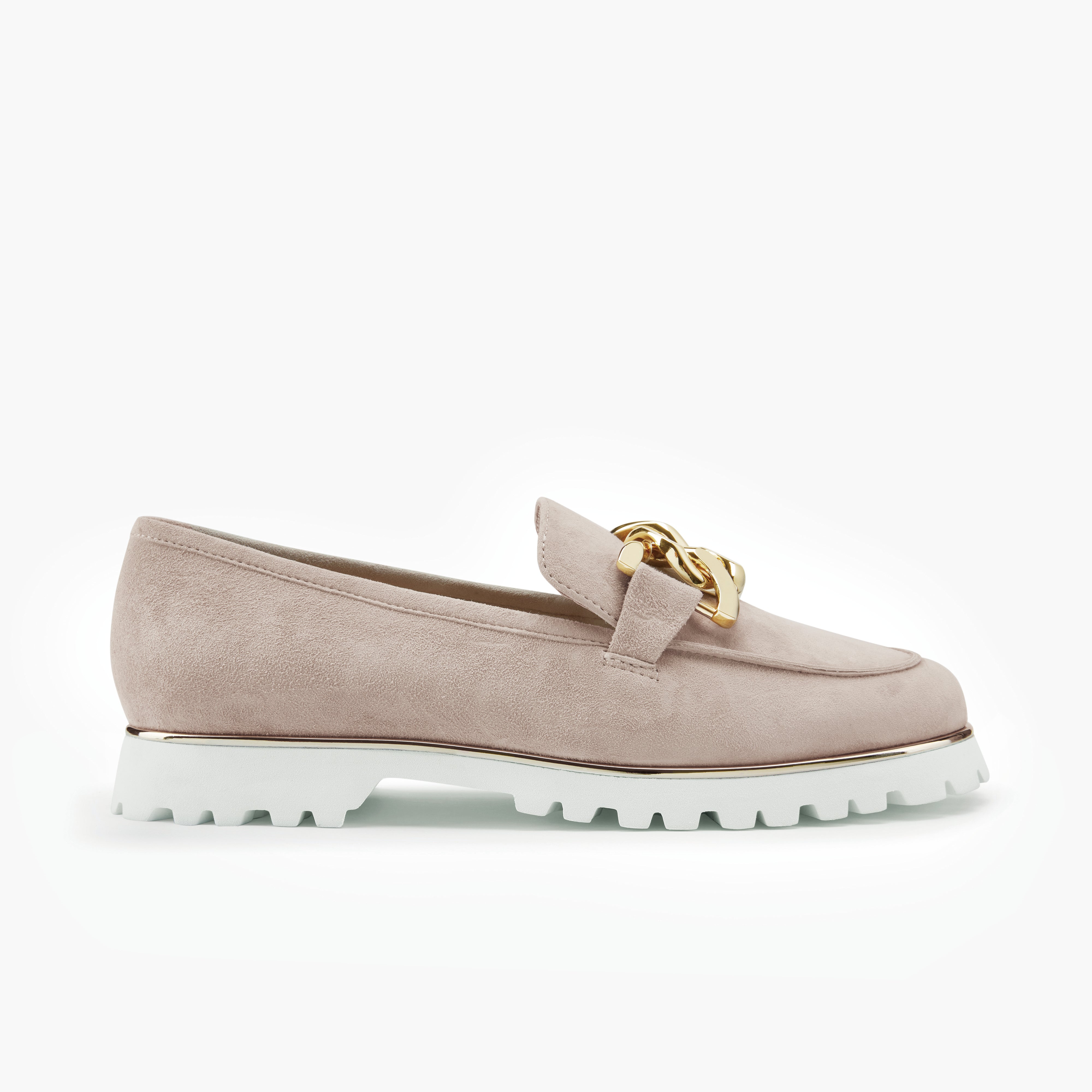 nude suede loafers with gold chain detail on a white background