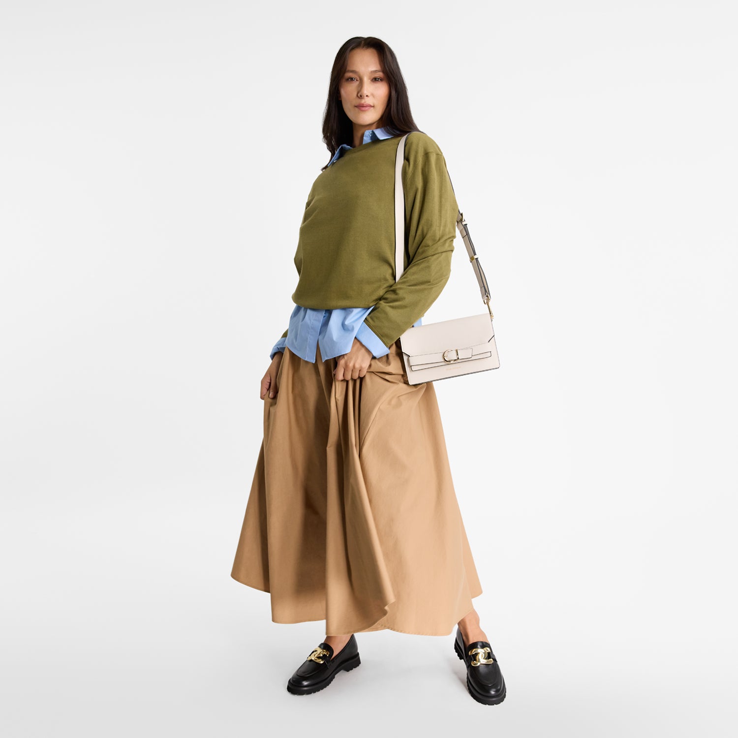 Model wears Nicole Rebstock Dublin Loafer in black leather