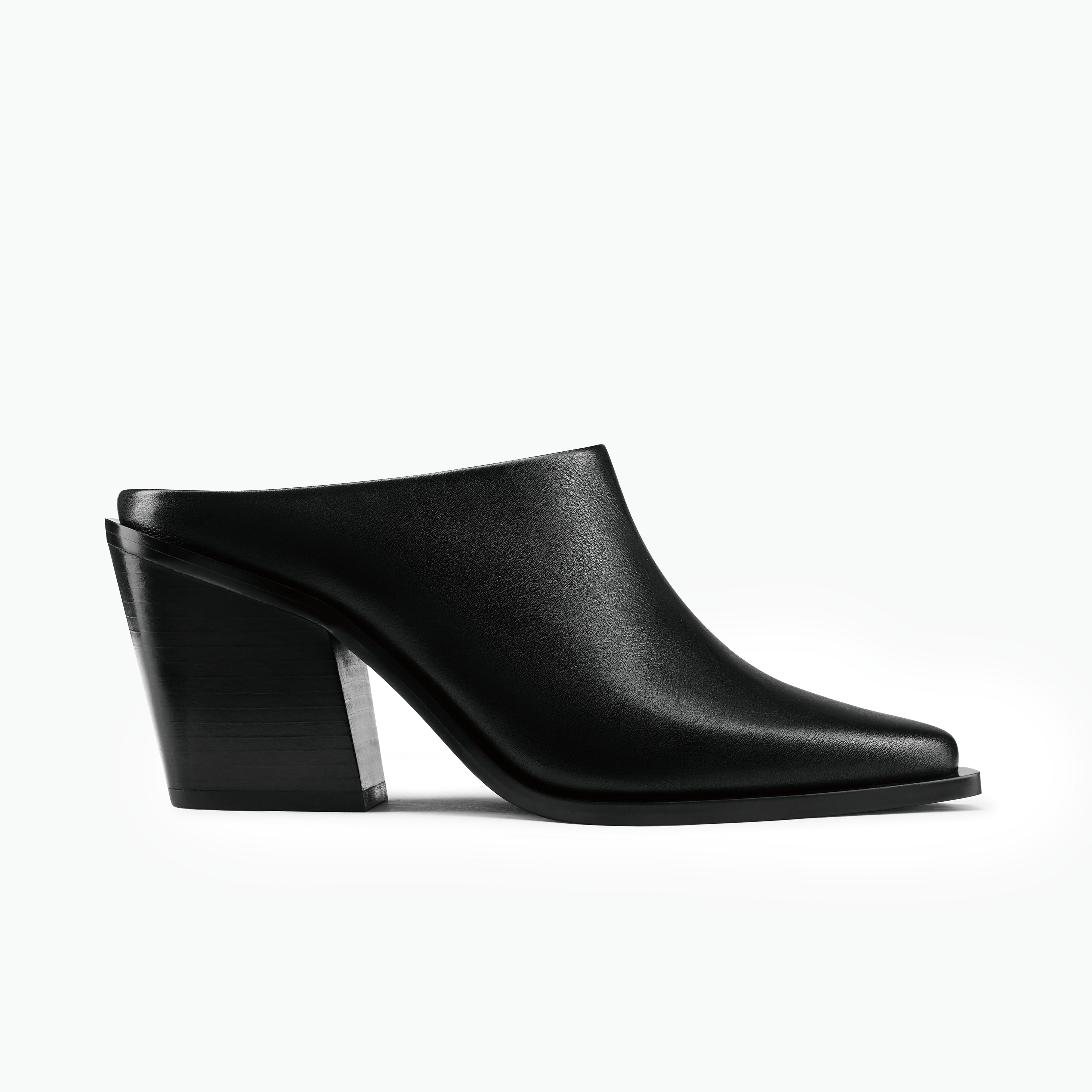 Fabio black leather pointed toe mule with a block heel shown from the side.