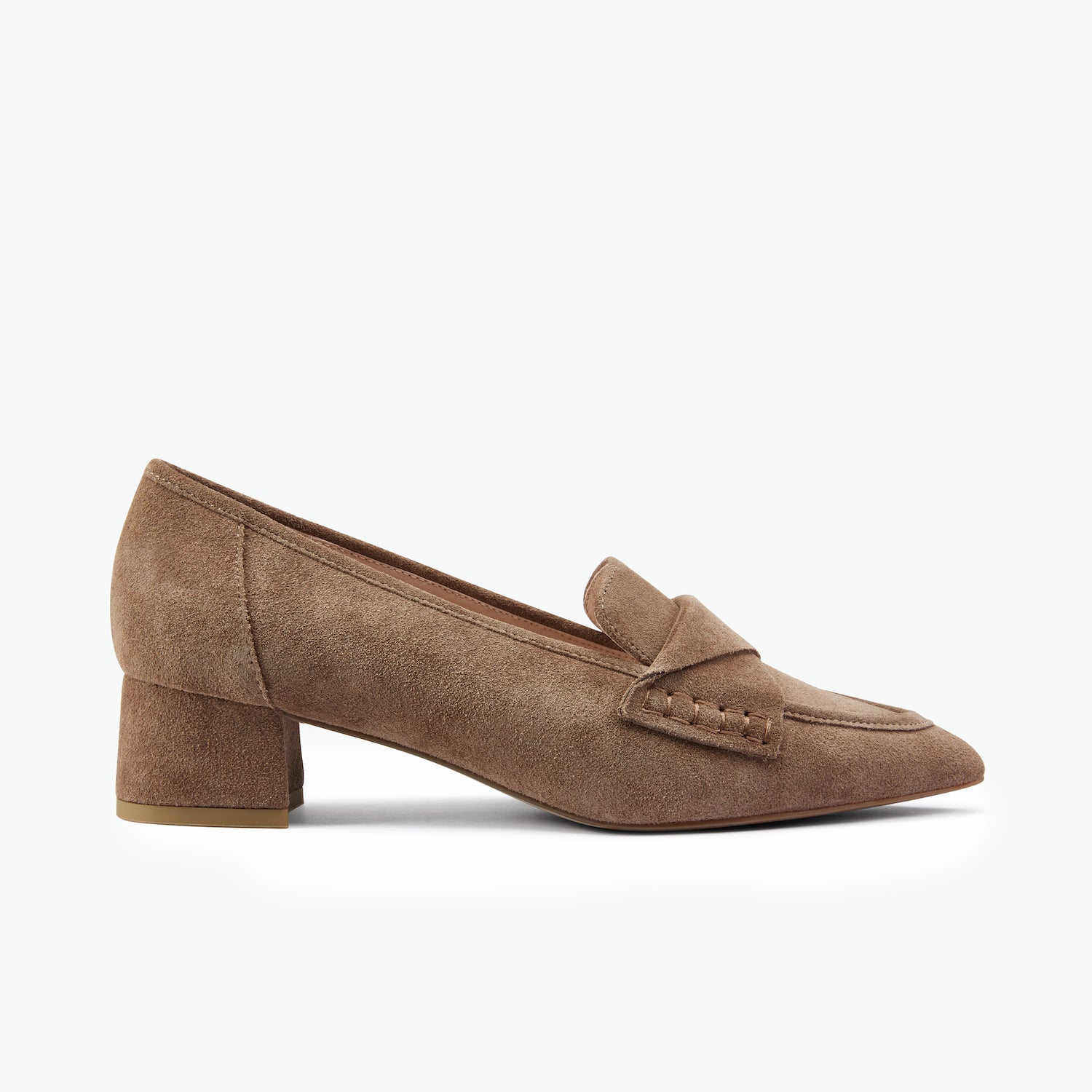 A single coco brown suede loafer with a low block heel, shown in a side profile on a clean white background.