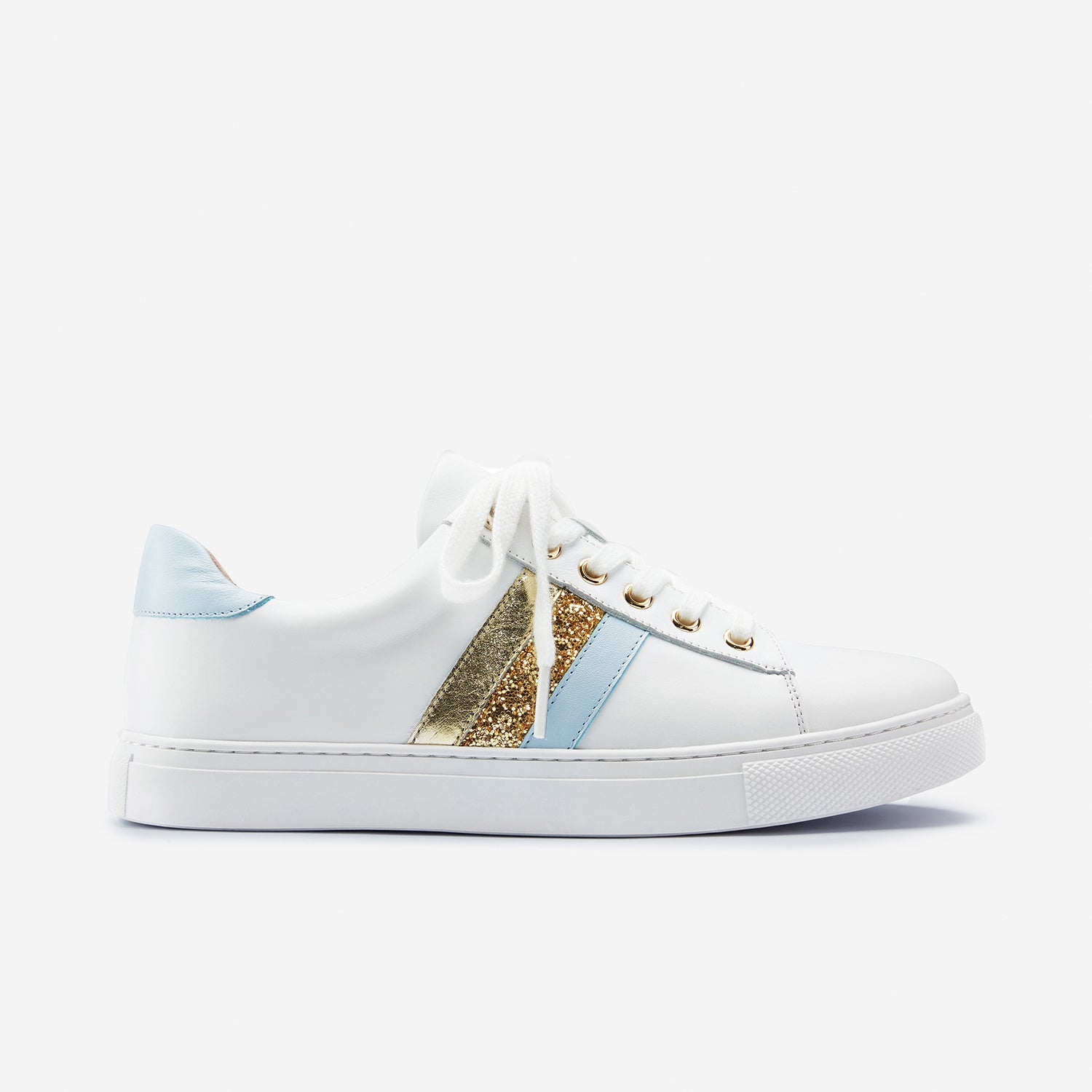 Side profile of Gigi leather sneaker in white, powder blue and gold.
