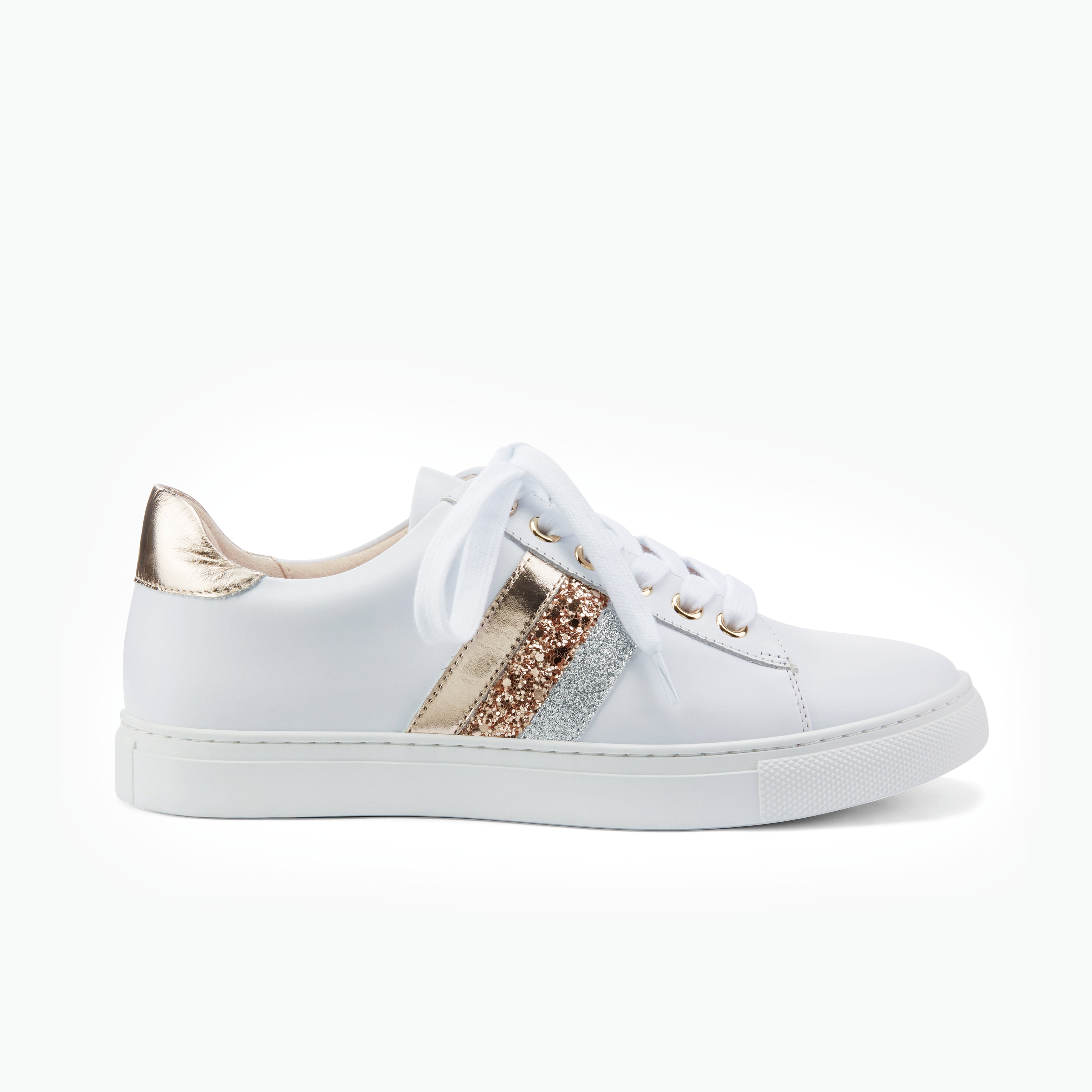 white sneaker with rose gold accents