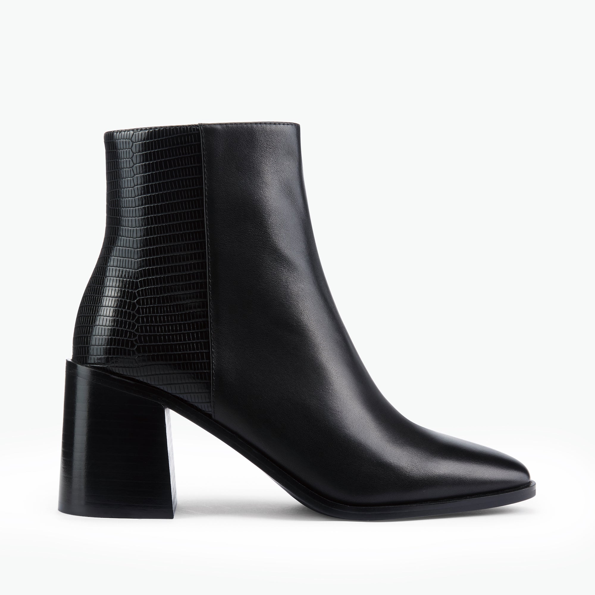 Black leather ankle boot with a block heel on a white background