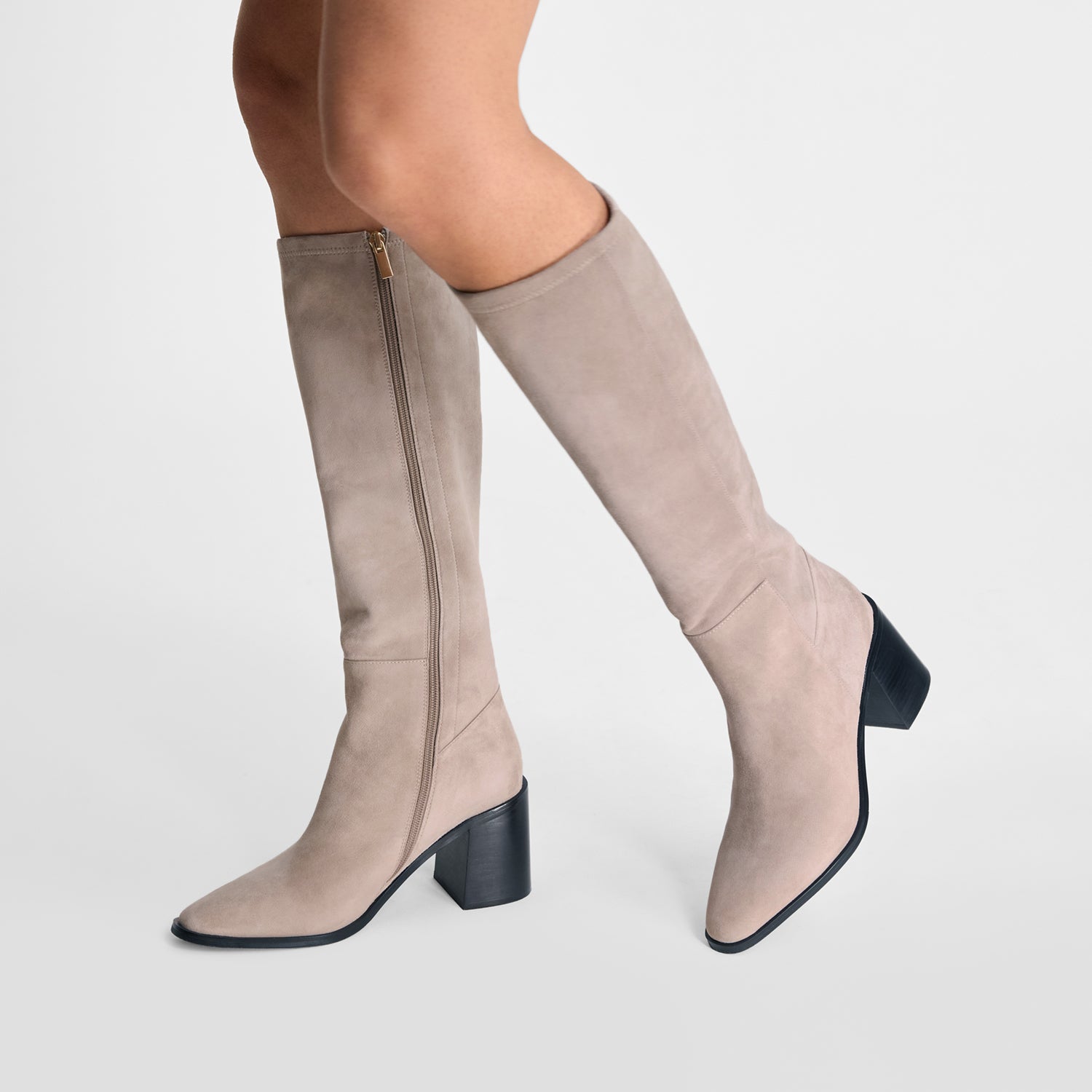 Taupe suede knee-high Havana boots with black block heels from NZ Designer Nicole Rebstock