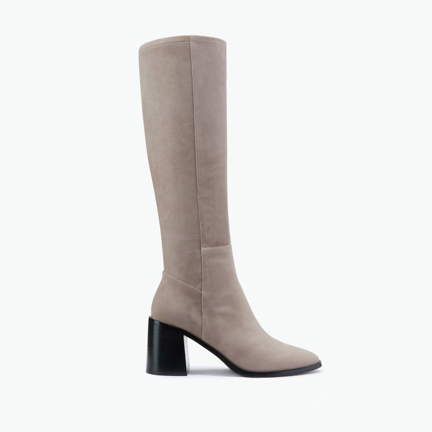 Taupe suede knee-high boot with a black block heel on a white background