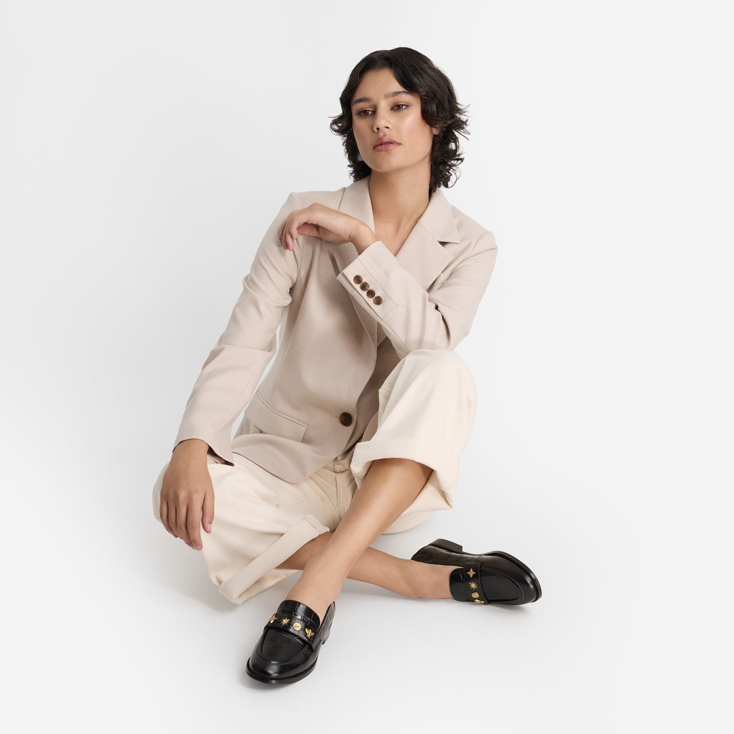 Model wearing Nicole Rebstock's Hugo Loafer with round toe and low 2.5cm heel.