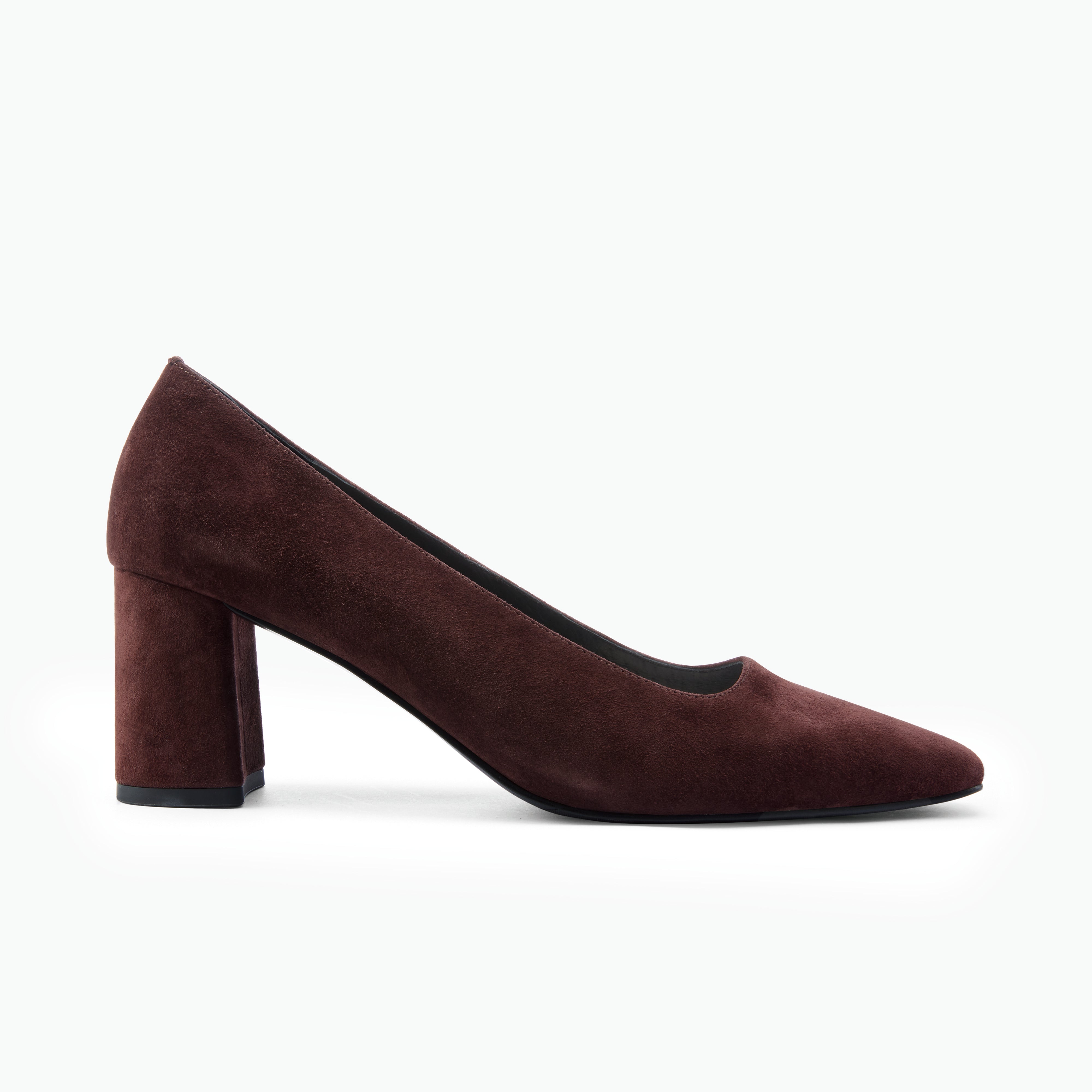 Chocolate brown pumps with a block heel on a white background.