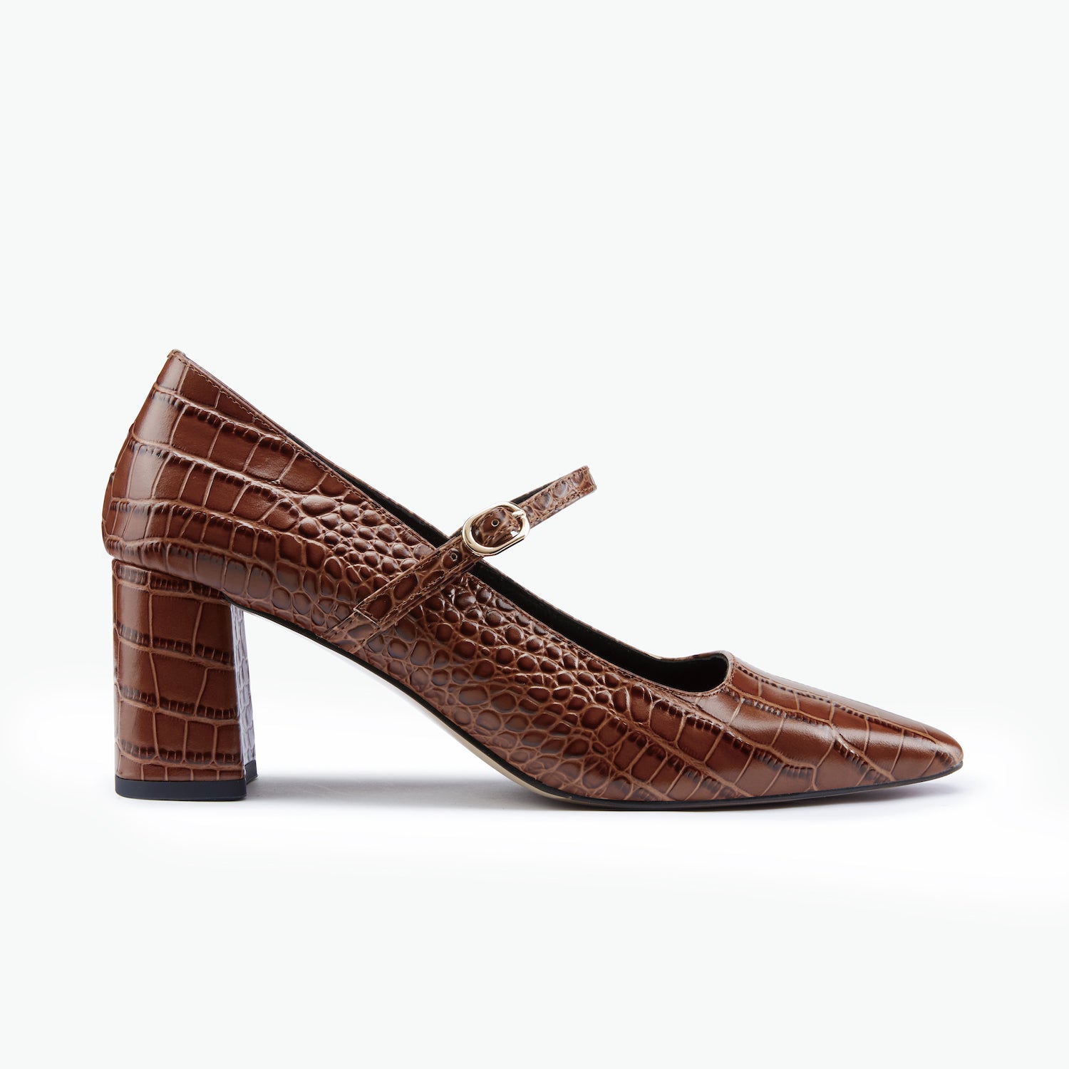 Mary Jane block heel in brown with gold buckle and 6.5cm block heel.