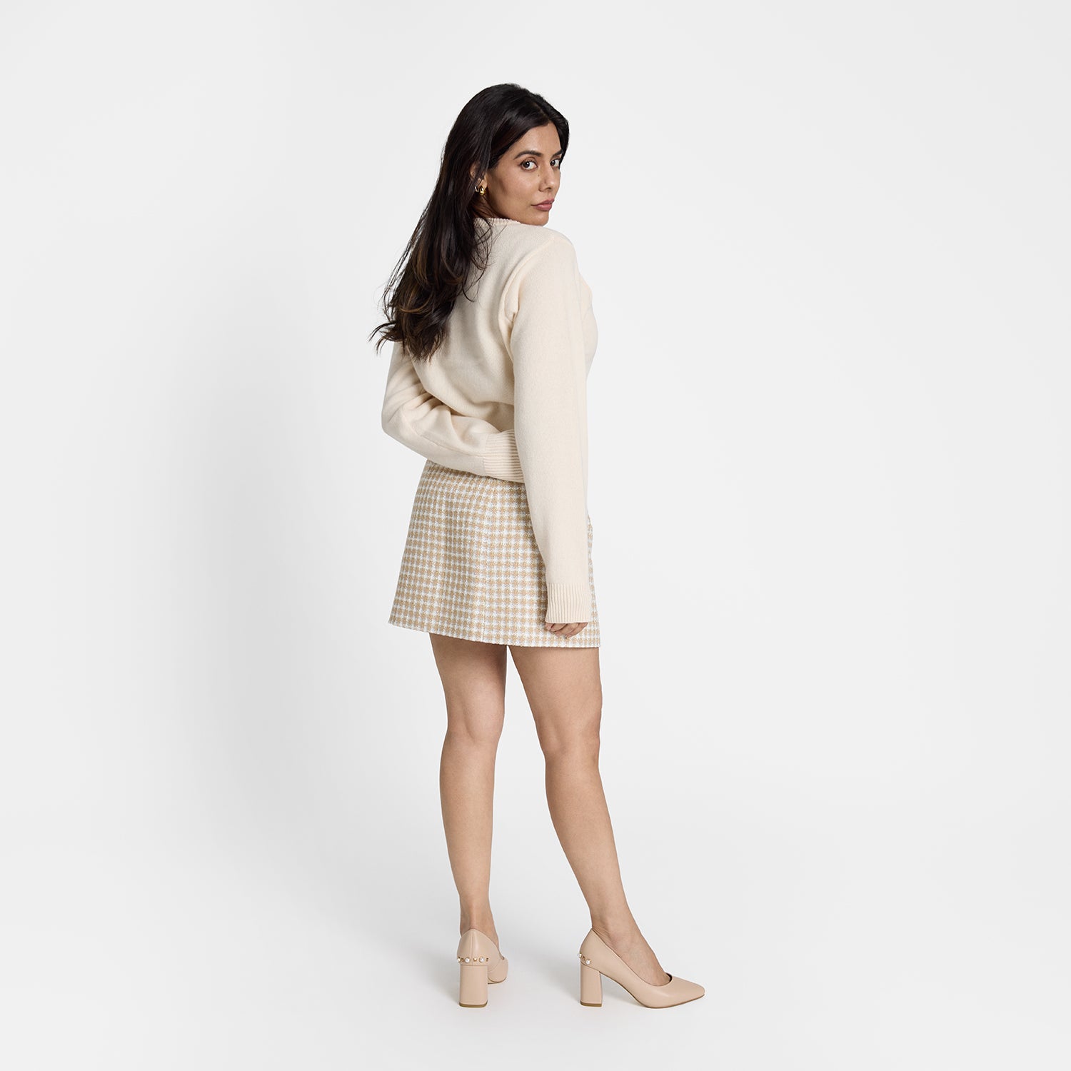 Back and side view of Jen nude heel worn by model. They have cushioned insoles and slip proof soles. 