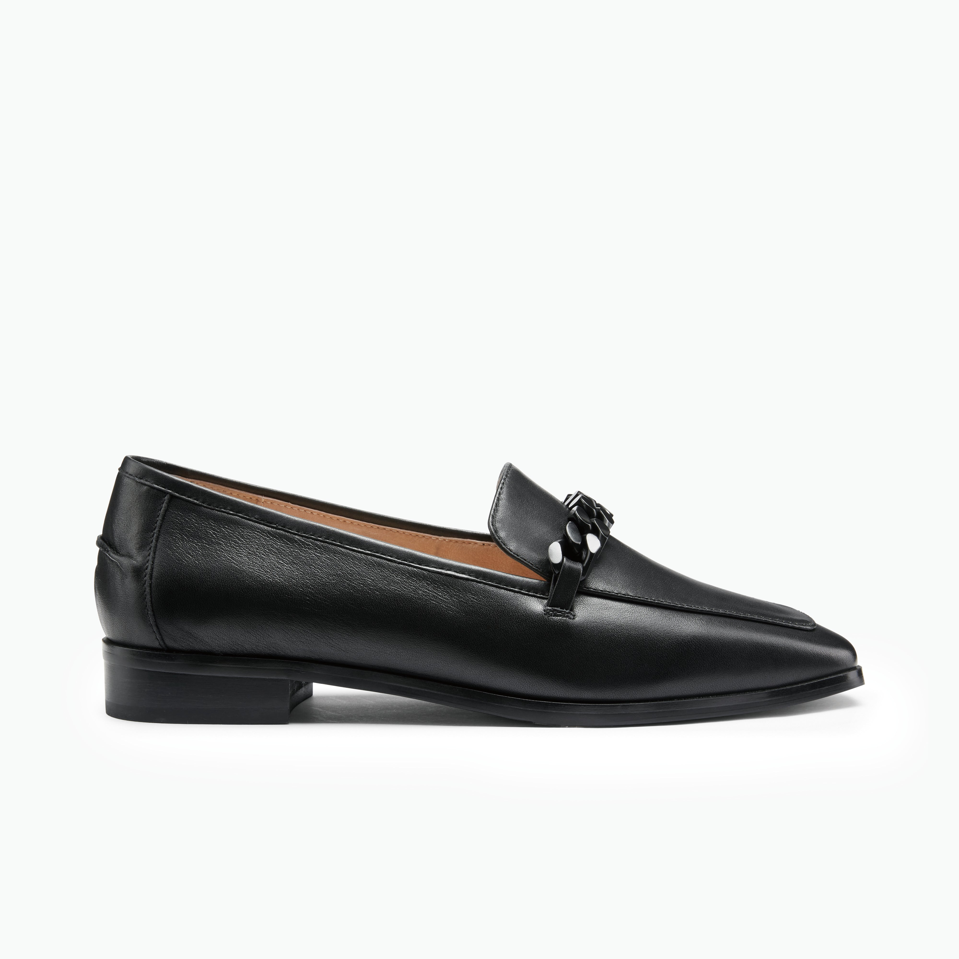 Black loafers called Kendal with black chain. 2.5cm heel and square toe.