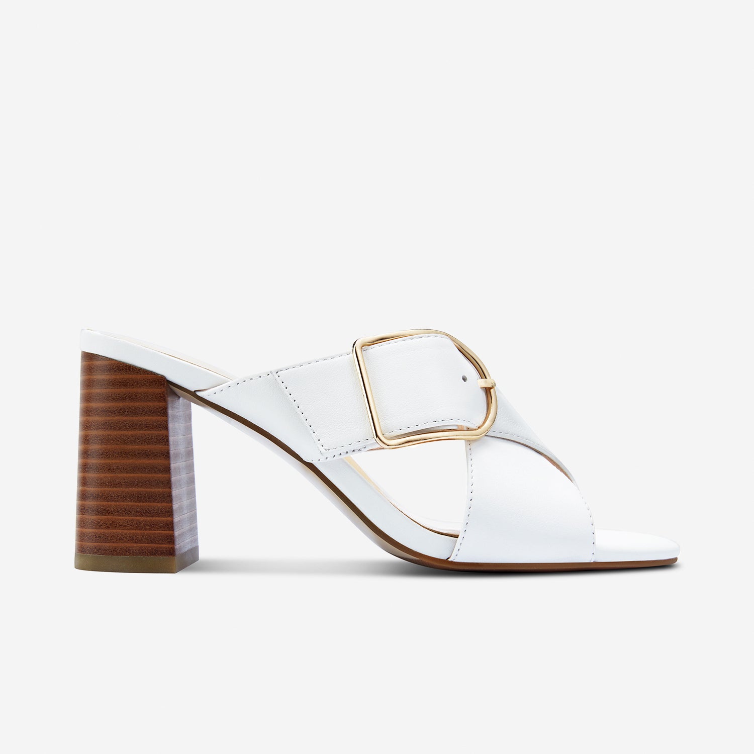 Kylie white leather with a 75mm stacked leather heel shown from the side.
