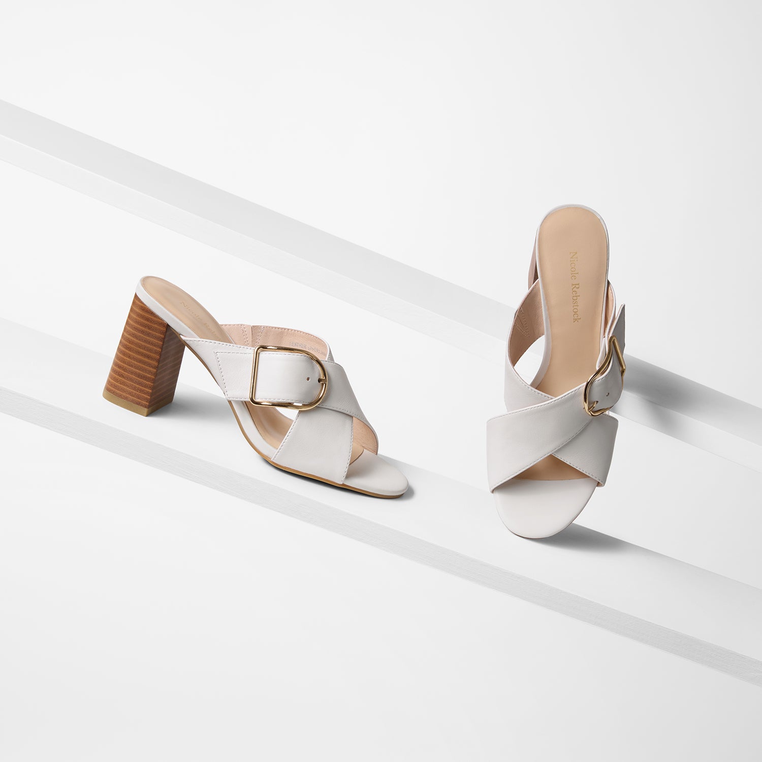 Kylie off white leather mule with crossing straps shown from all angles.
