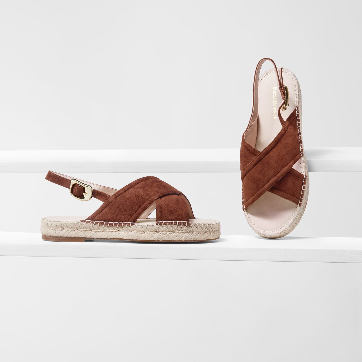 Paprika suede leather espadrille  flat sandals with cross straps and gold buckles by Nicole Rebstock