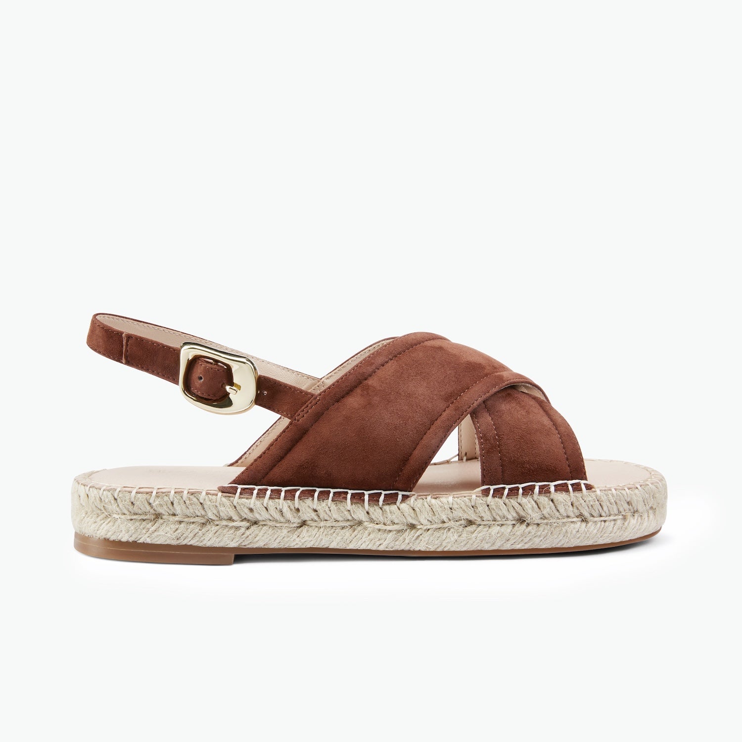 A single brown suede espadrille sandal with a braided jute platform sole and a gold buckle ankle strap, shown from a side profile on a white background.