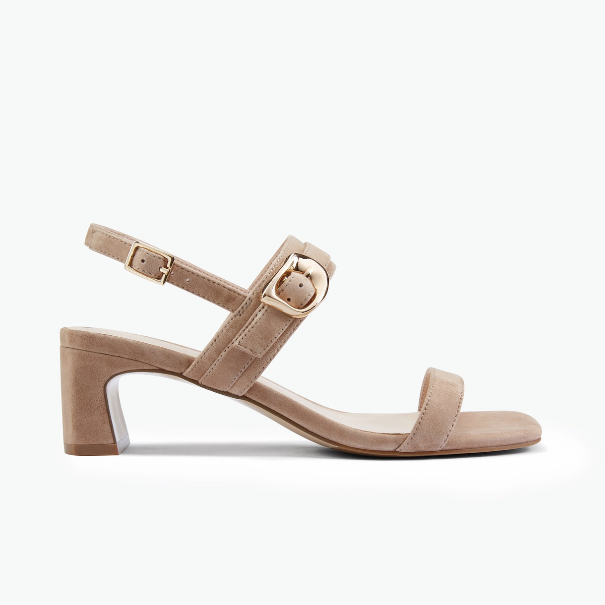 A single coco suede block-heel sandal with an ankle strap and a decorative buckle, shown in a side profile on a clean white background.