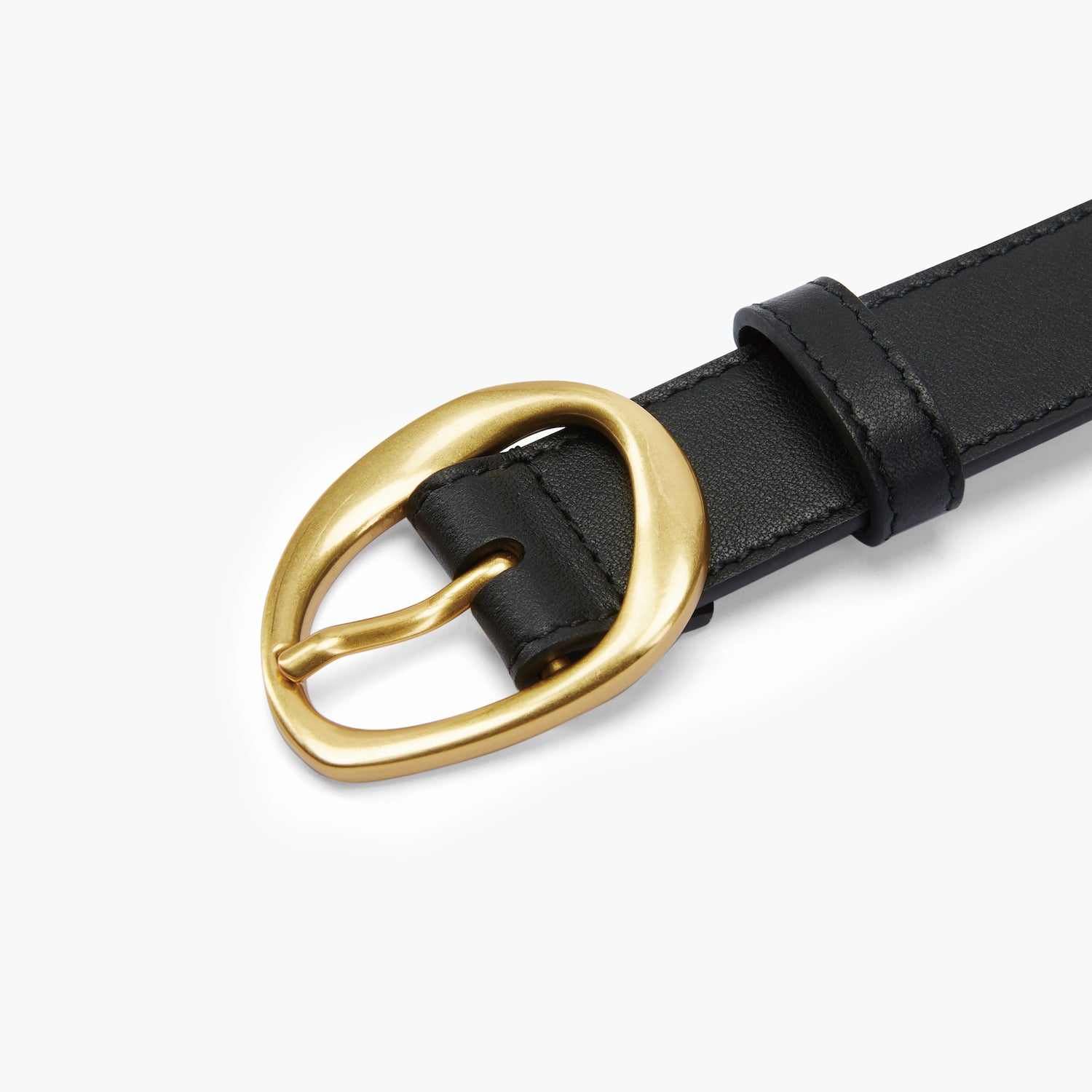 Black leather belt with a gold molten buckle on a white background.