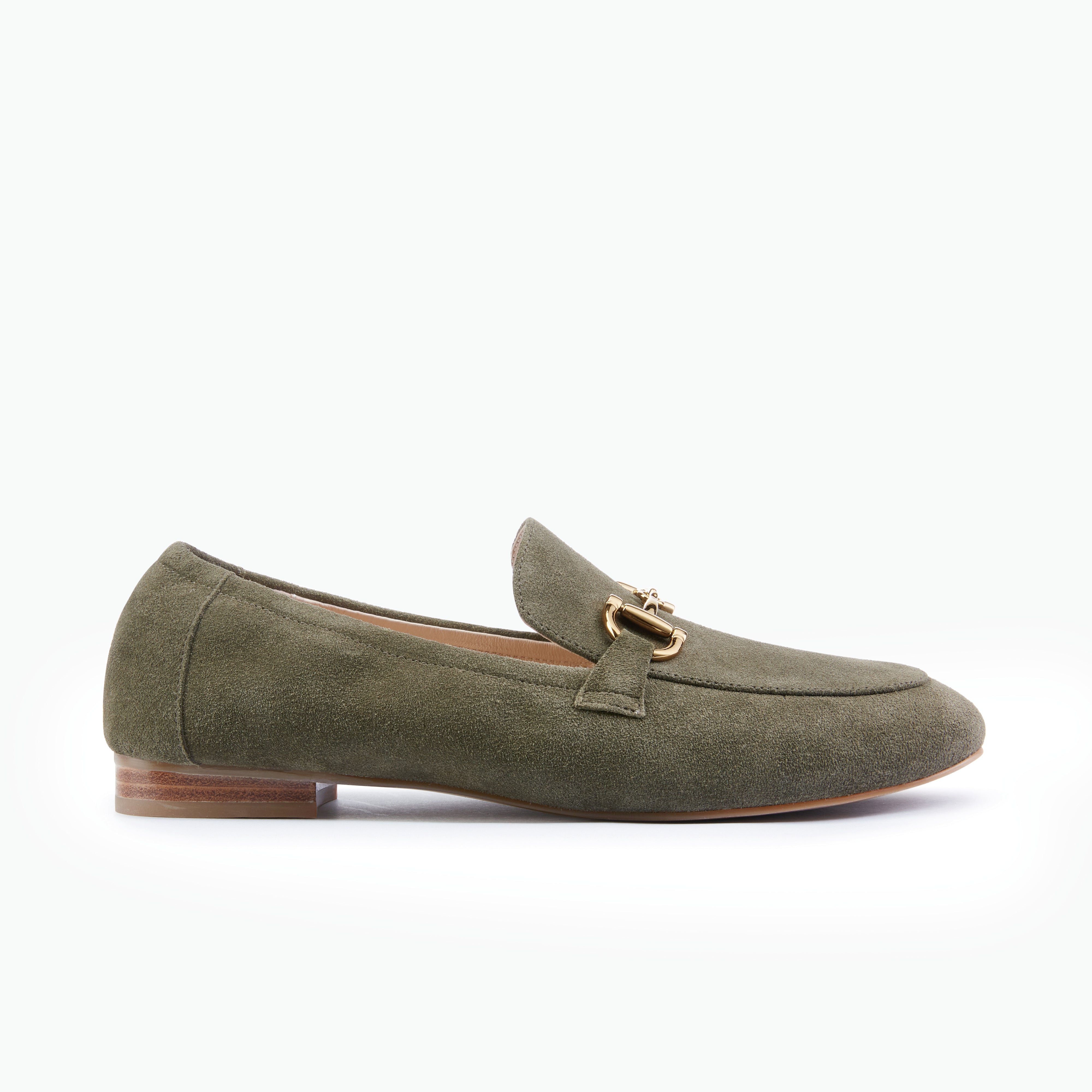 Green suede loafer with a gold buckle on a white background. 1.5cm heel.