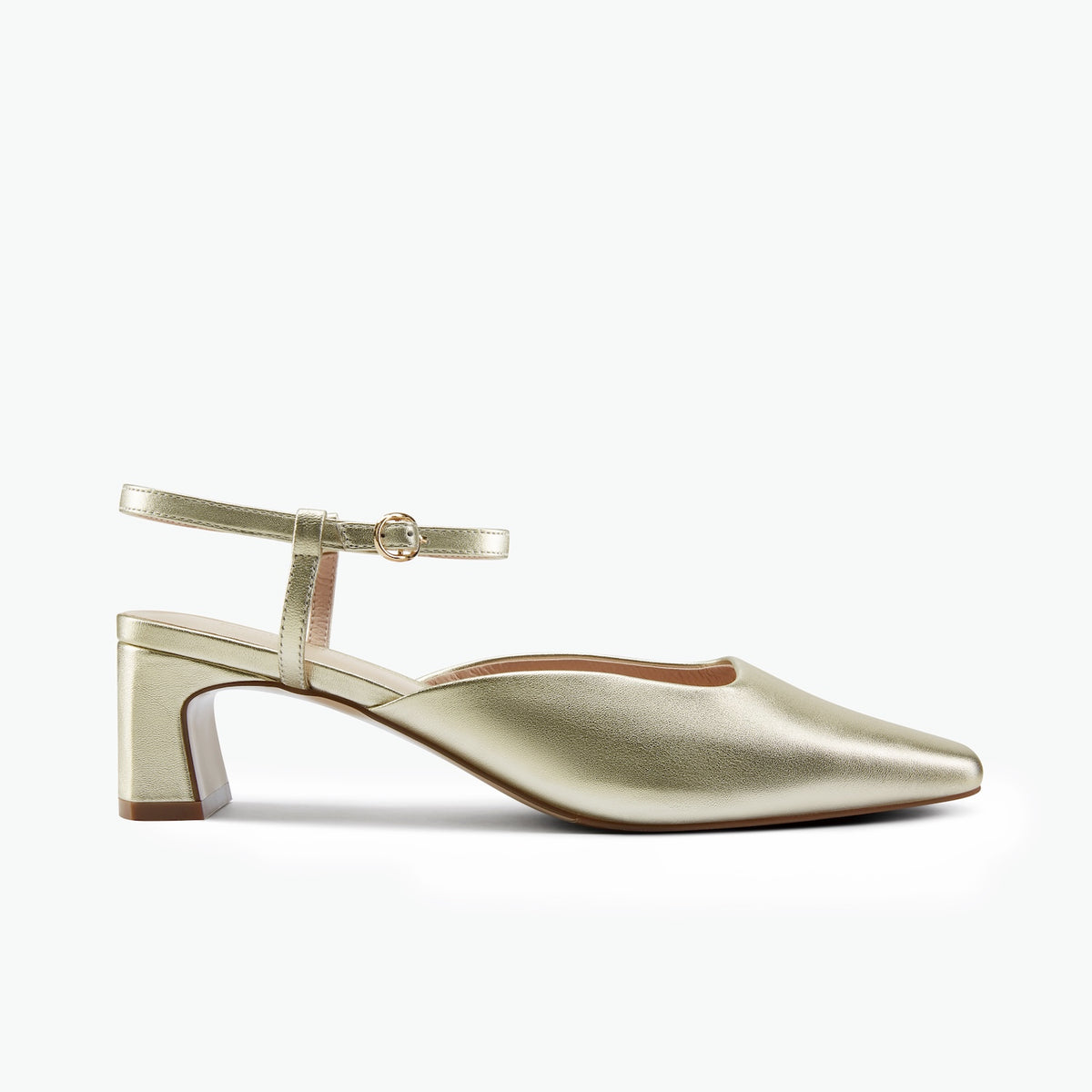 A single metallic gold heel with a square pointed toe and block heel wirh open back, shown in profile against a clean white background.