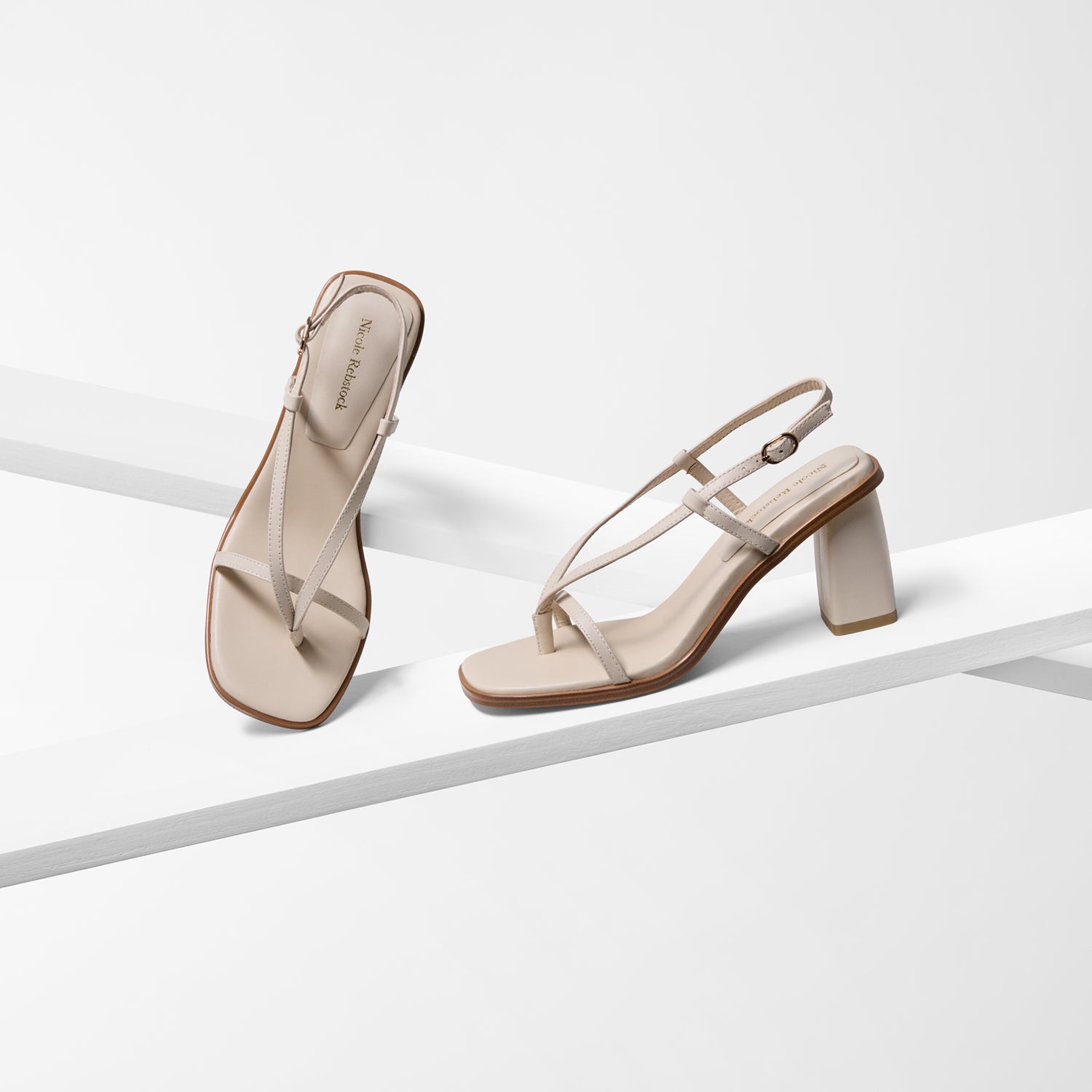 Milla ivory 7cm tall sandal heel with a block heel, side and top profiles 