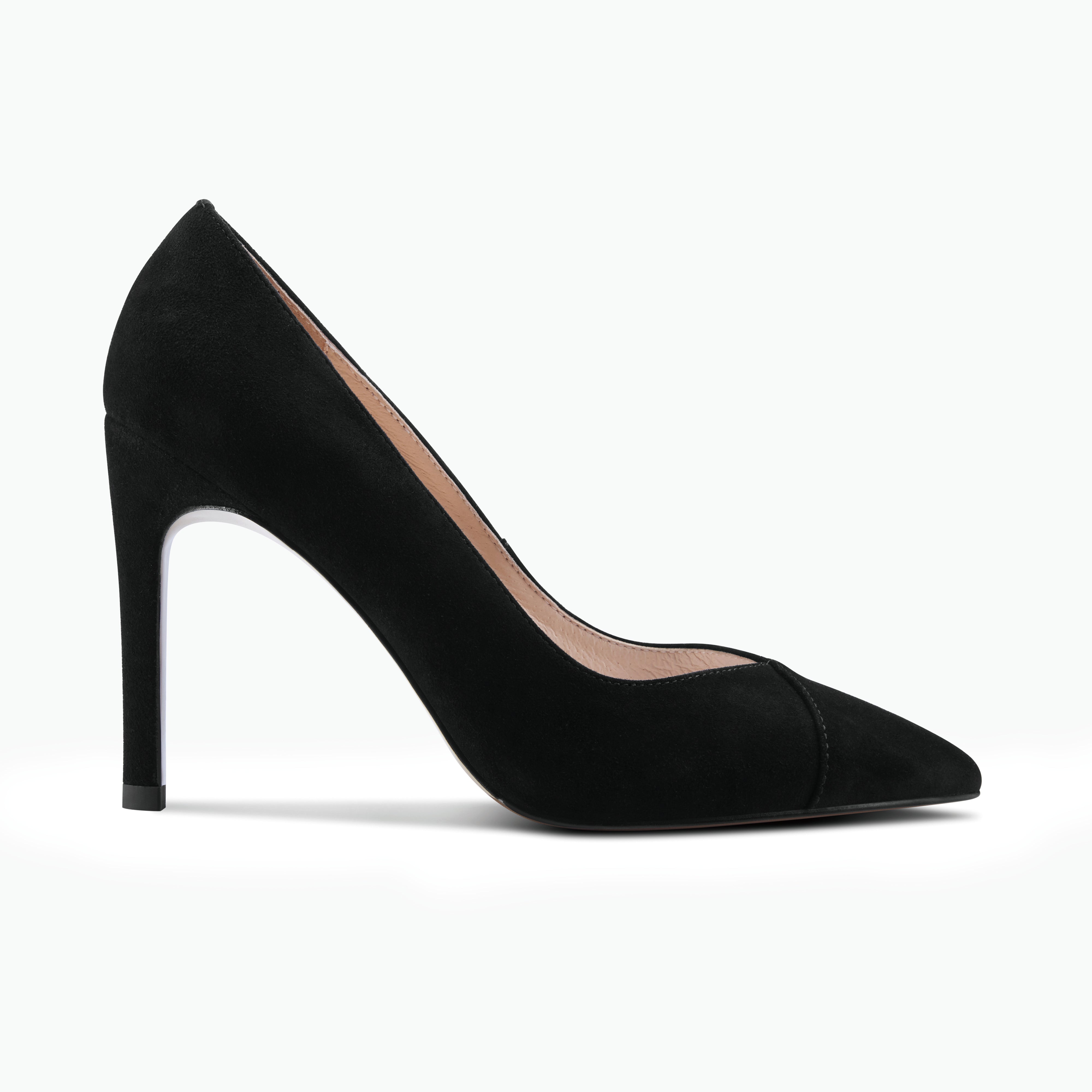 Naples black suede pump with 95mm heel side view.
