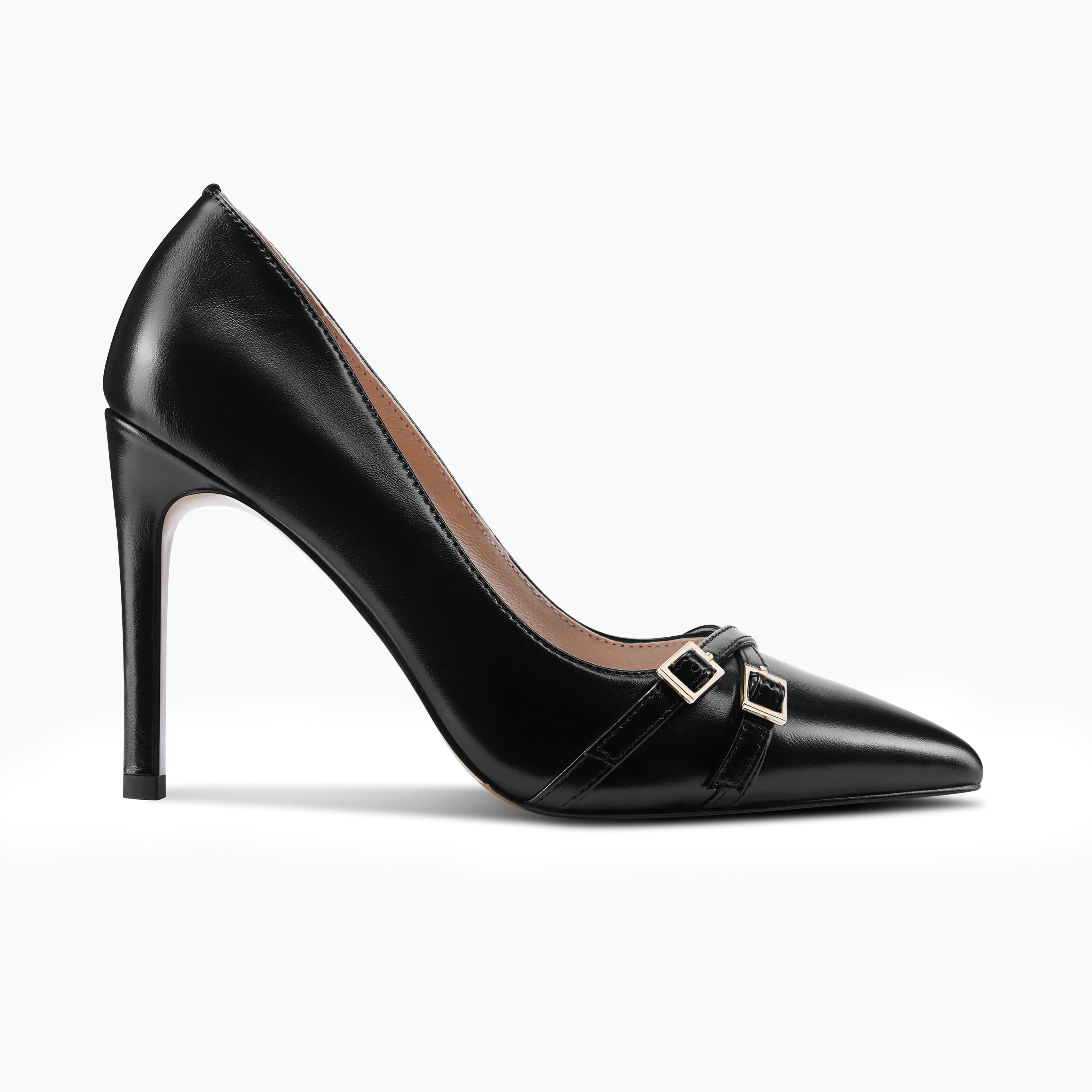 Nash black oiled leather 95mm high pump with pointed toe and strap detail shown from the side.