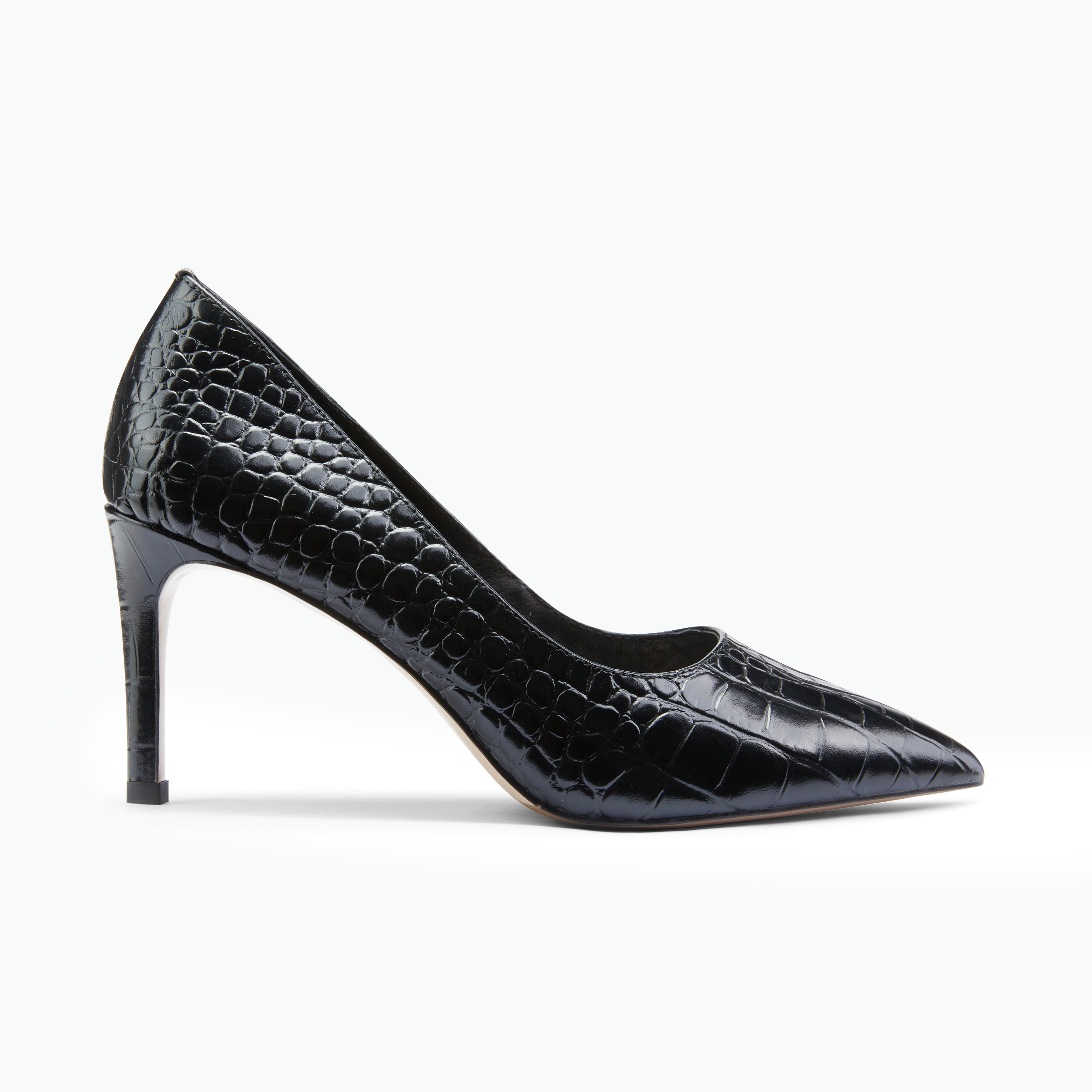 Black croc embossed medium high heel stilettos on a white background.