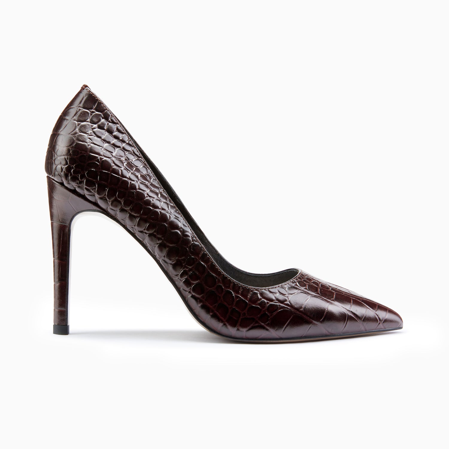 dark brown croc embossed stilettos with a pointed toe.