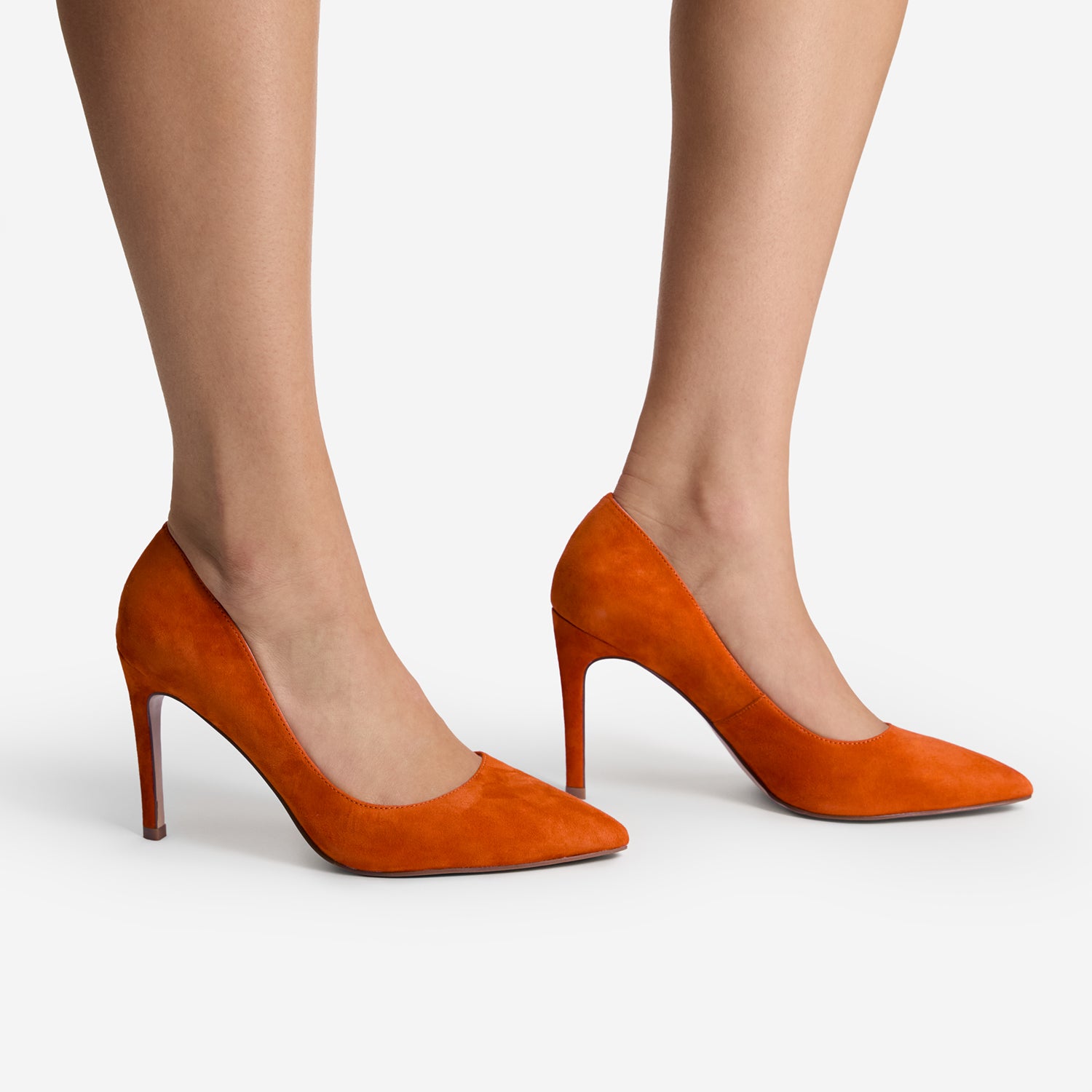 Tangerine orange suede stilettos by Nicole Rebstock called Nemesis 95mm Pumps.