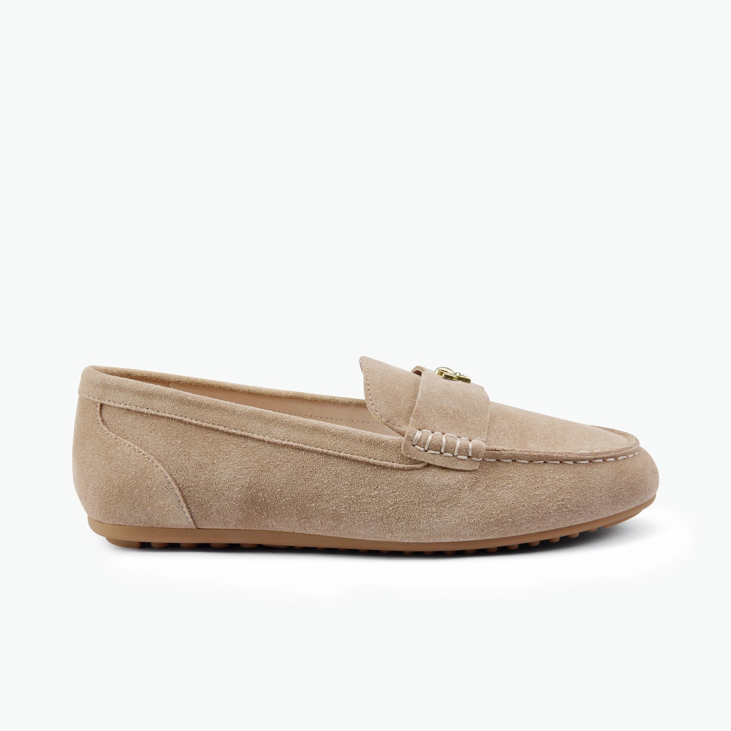 Beige suede moccasin loafer with gold bee accent.