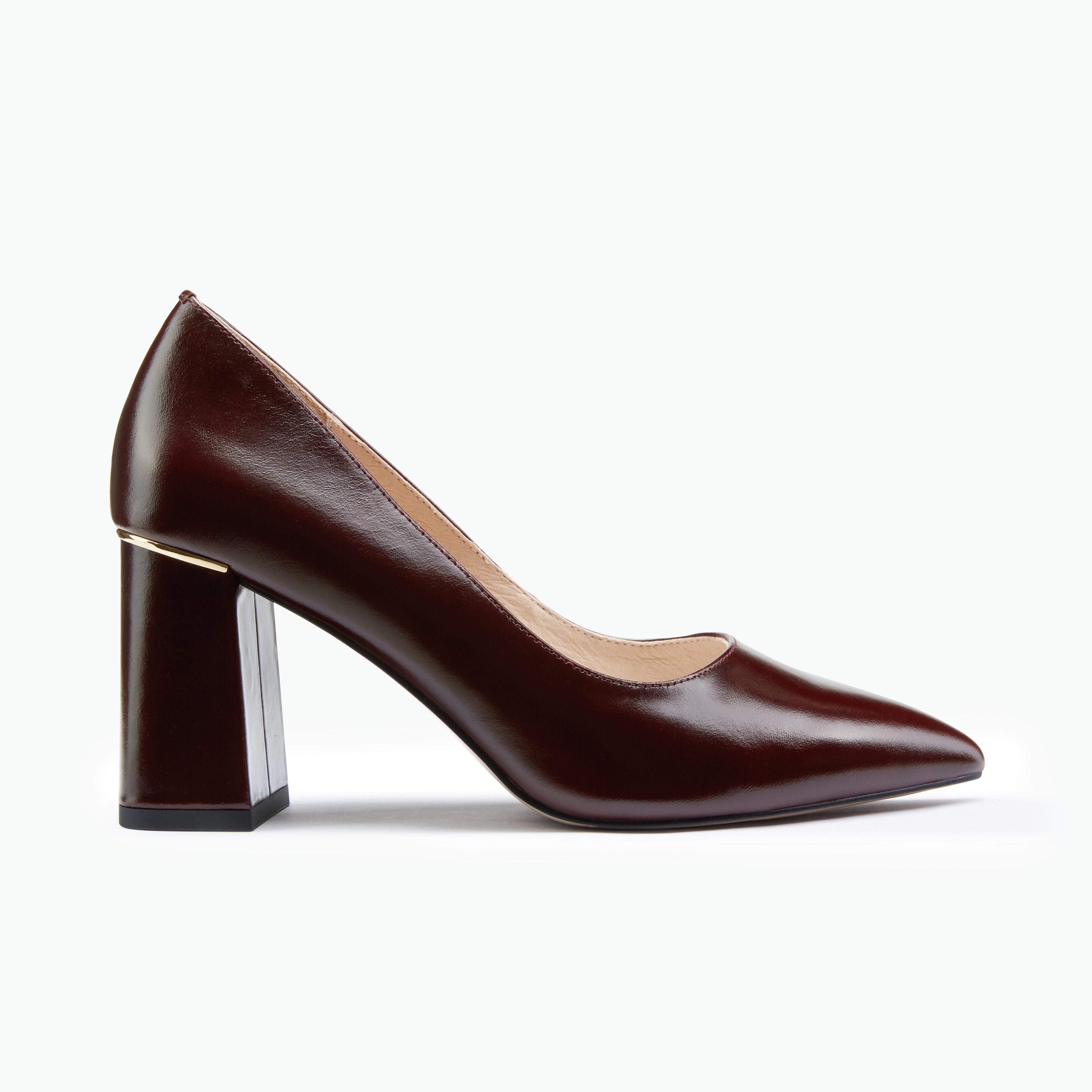 Brown and burgundy pump with pointed toe and block heel on white background