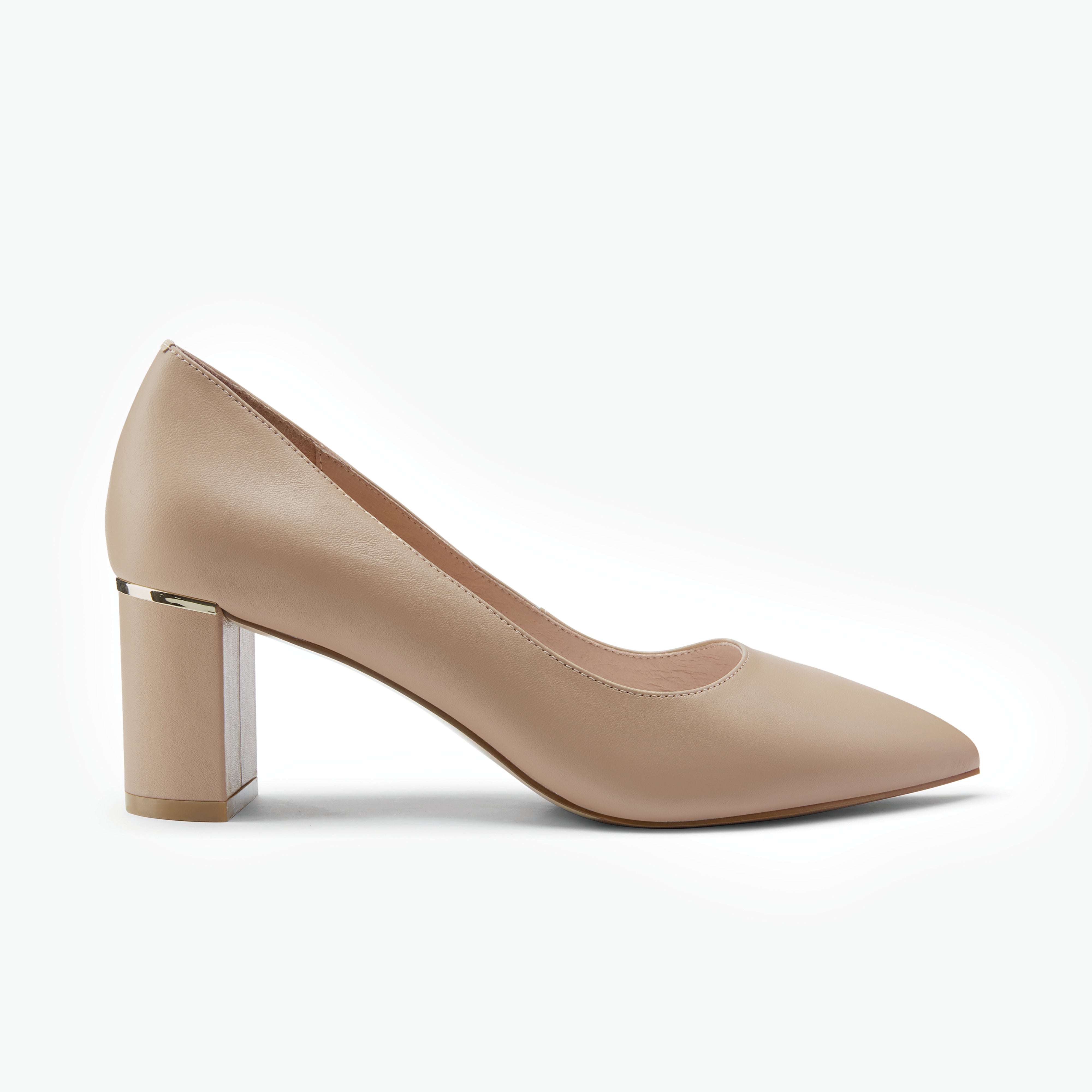 Neutral high-heeled shoe on a white background with subtle gold detail on heel.