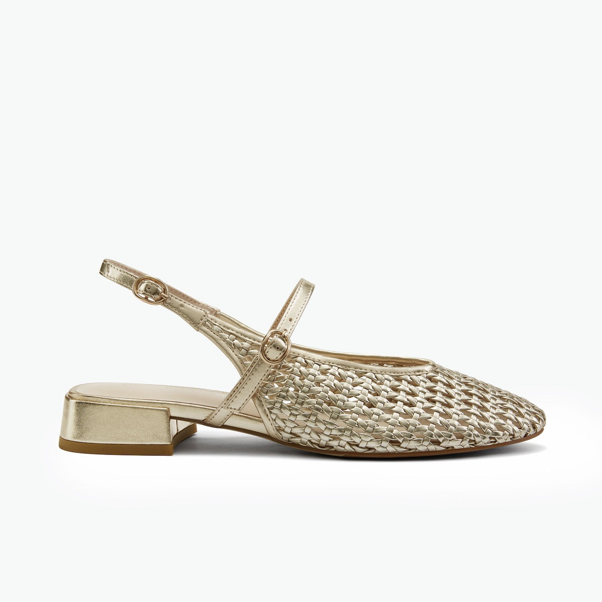 A single metallic gold slingback flat shoe with a woven textured upper, pointed toe, and low block heel, shown in profile against a clean white background.