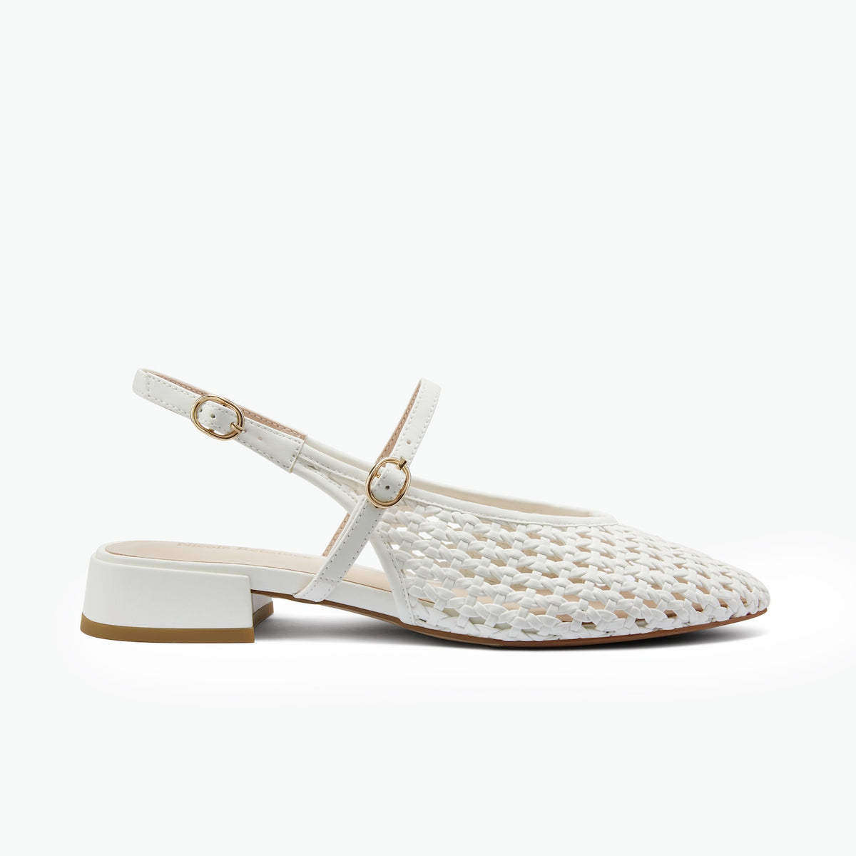 A white open weave leather slingback flat sandal with a low block heel and gold-tone buckle details, shown from a side profile on a clean white background.