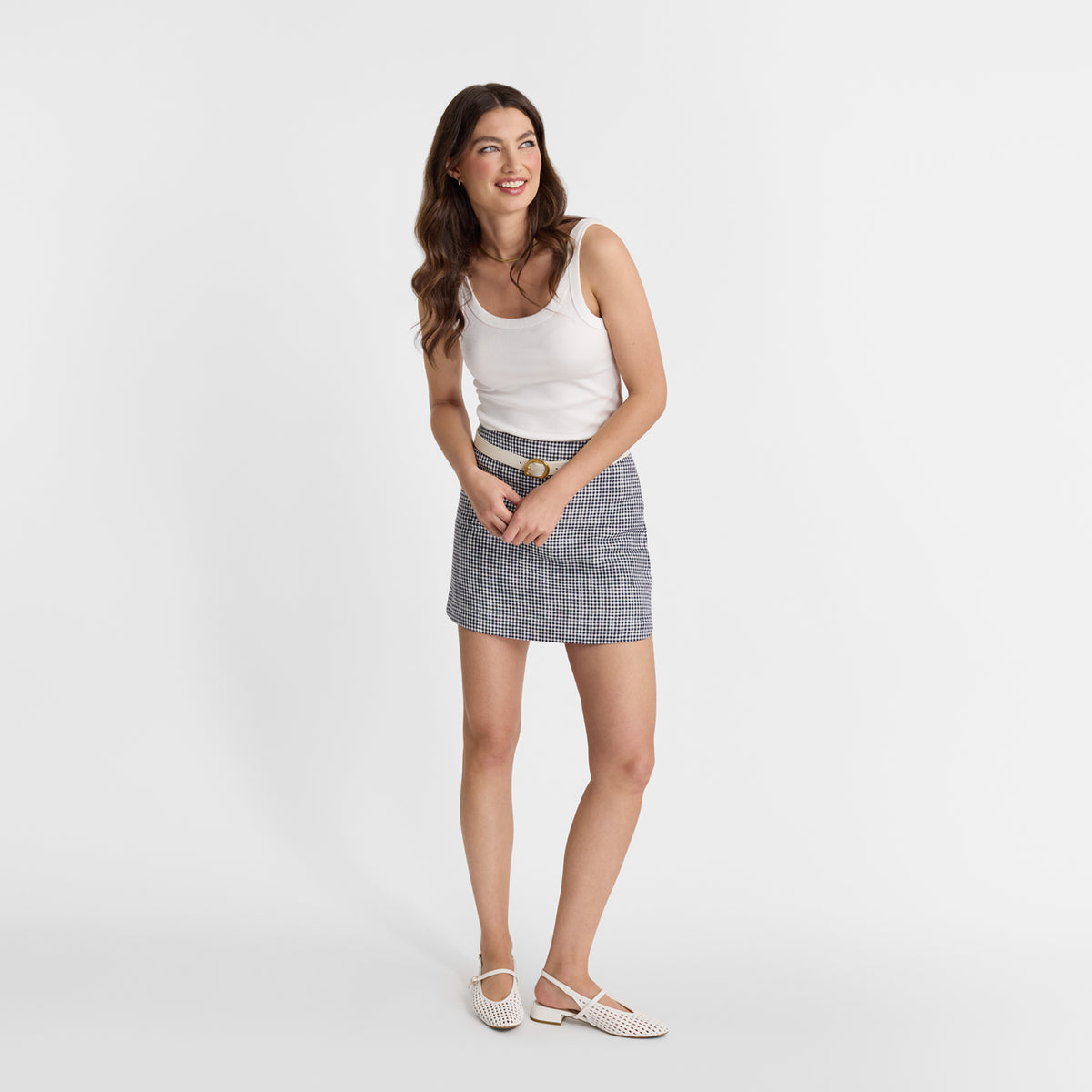 Model wearing Nicole Rebstock's Saffron Slingback with a low 3cm block heel.