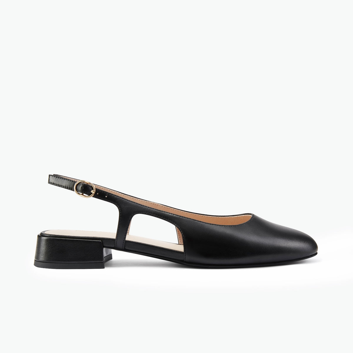 A single black leather slingback pump with a low block heel and cutout design, shown in profile against a clean white background.