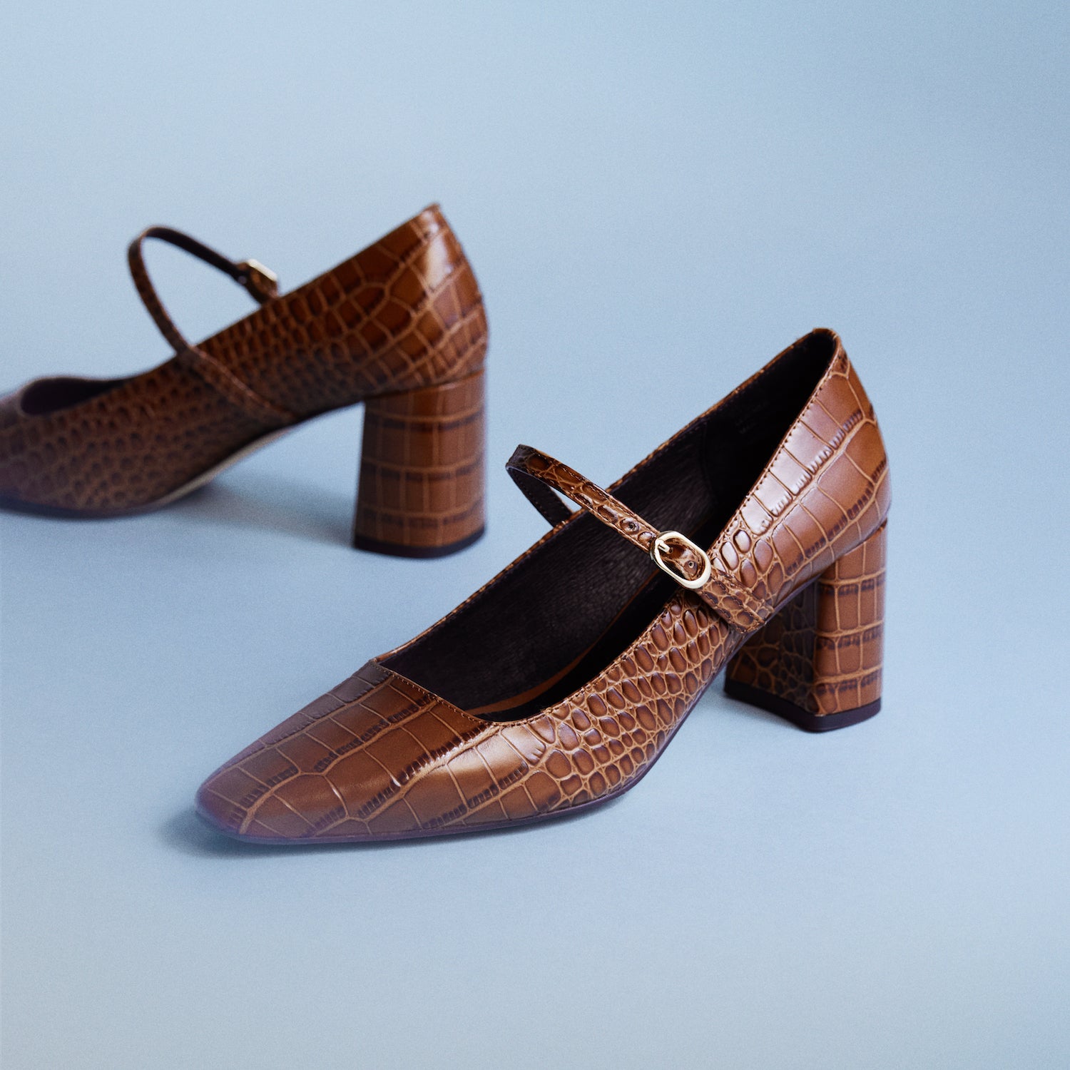 Brown crocodile-patterned shoes with a strap on a light blue background