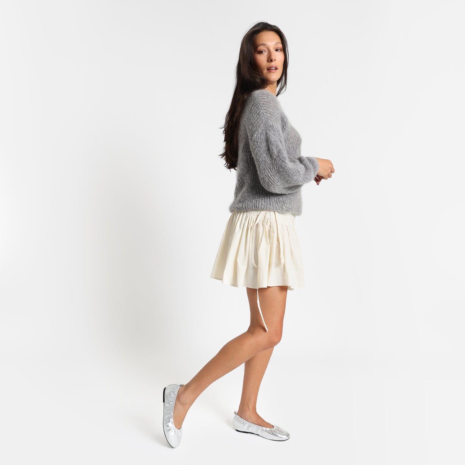 Xia silver scrunchie ballet flats side profile on model 