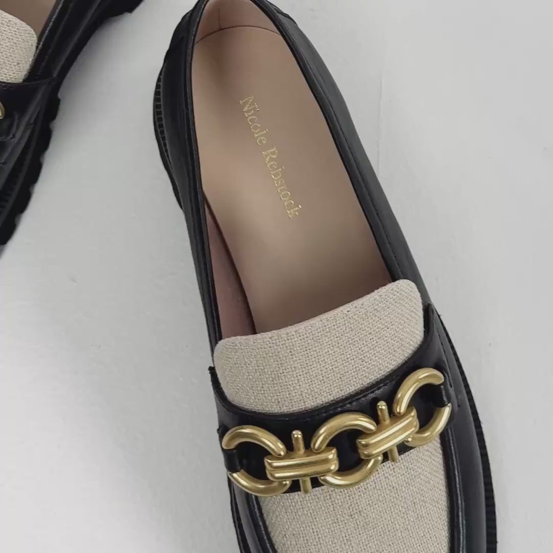 Video of Nicole Rebstock's Dee Loafer in black leather with light linen tongue.